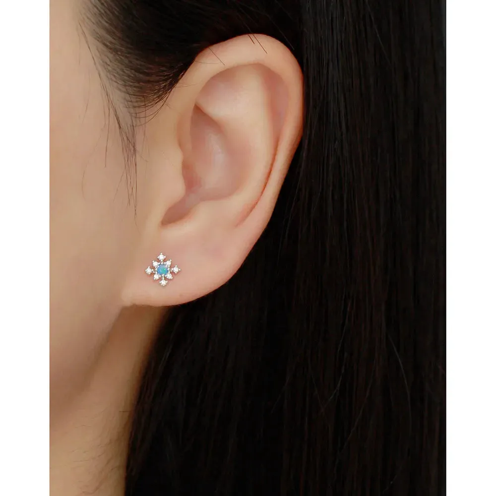925 Sterling Silver Stud Earrings Charm Jewelry - Mini Opal Flower - YH0437