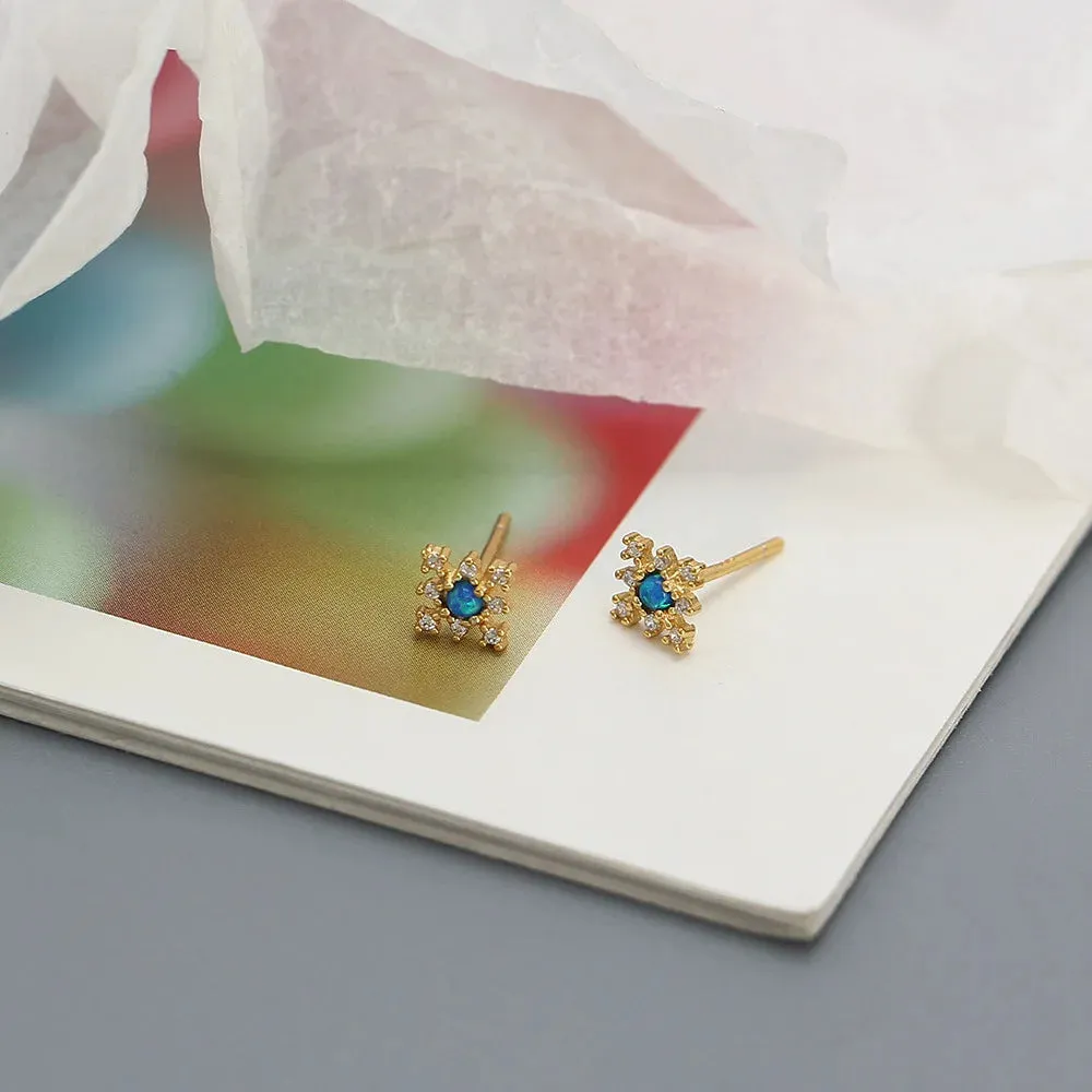 925 Sterling Silver Stud Earrings Charm Jewelry - Mini Opal Flower - YH0437