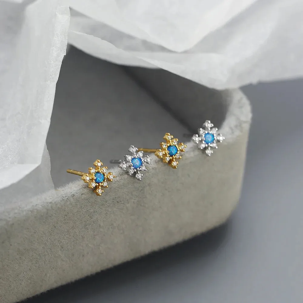 925 Sterling Silver Stud Earrings Charm Jewelry - Mini Opal Flower - YH0437