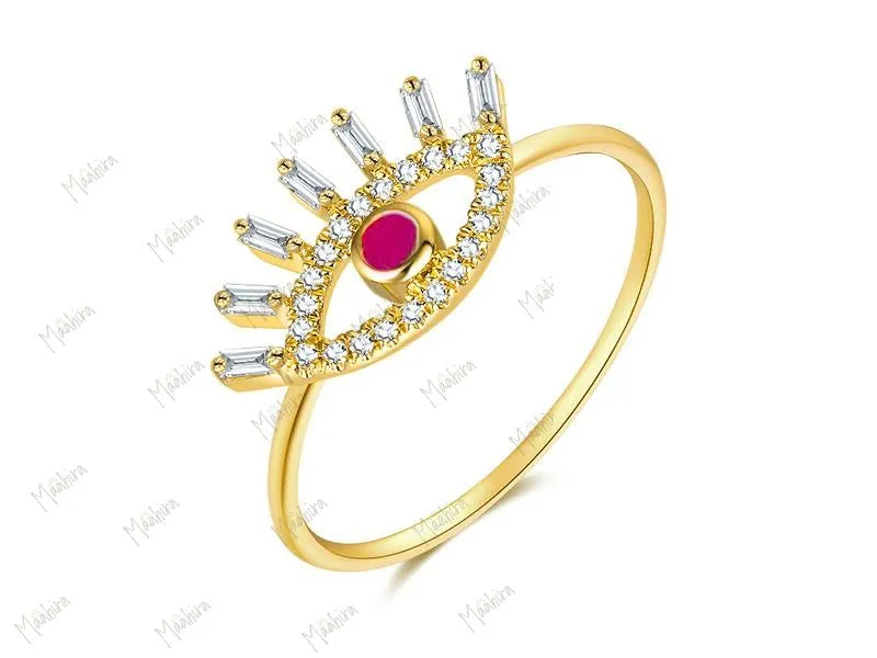 Baguette Diamond Evil eye Ruby Ring