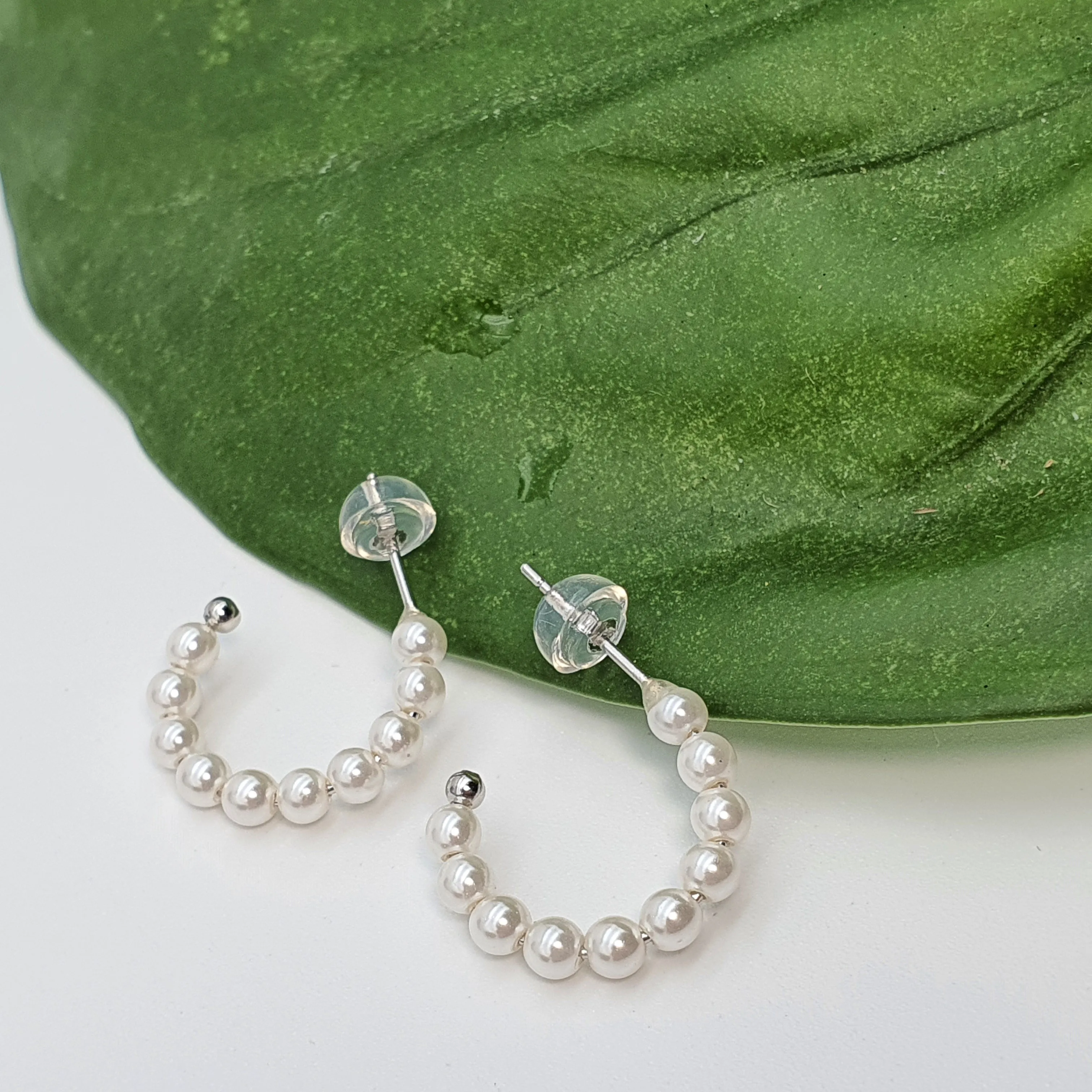 Bead Pearl Hoops Earrings, Sterling Silver