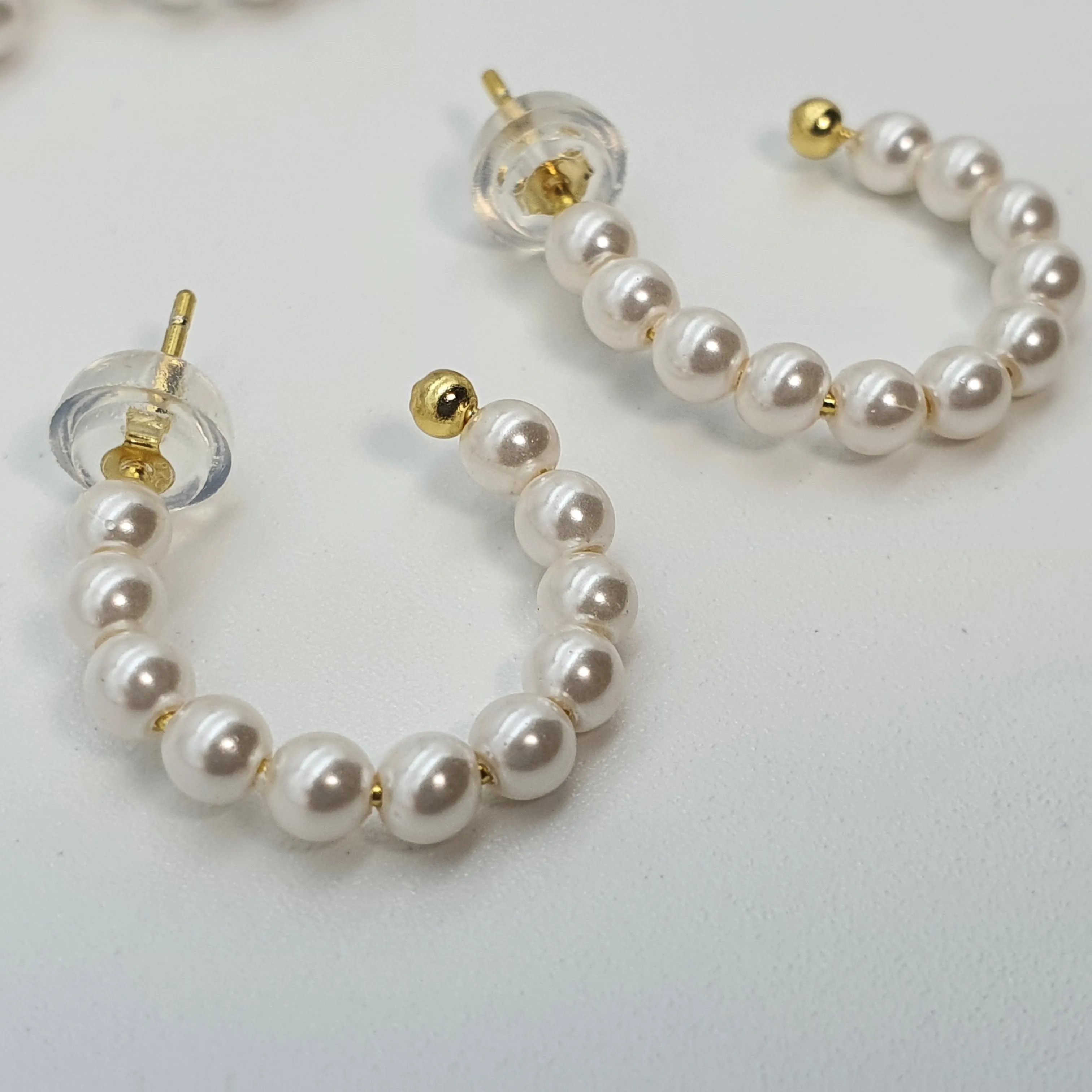 Bead Pearl Hoops Earrings, Sterling Silver