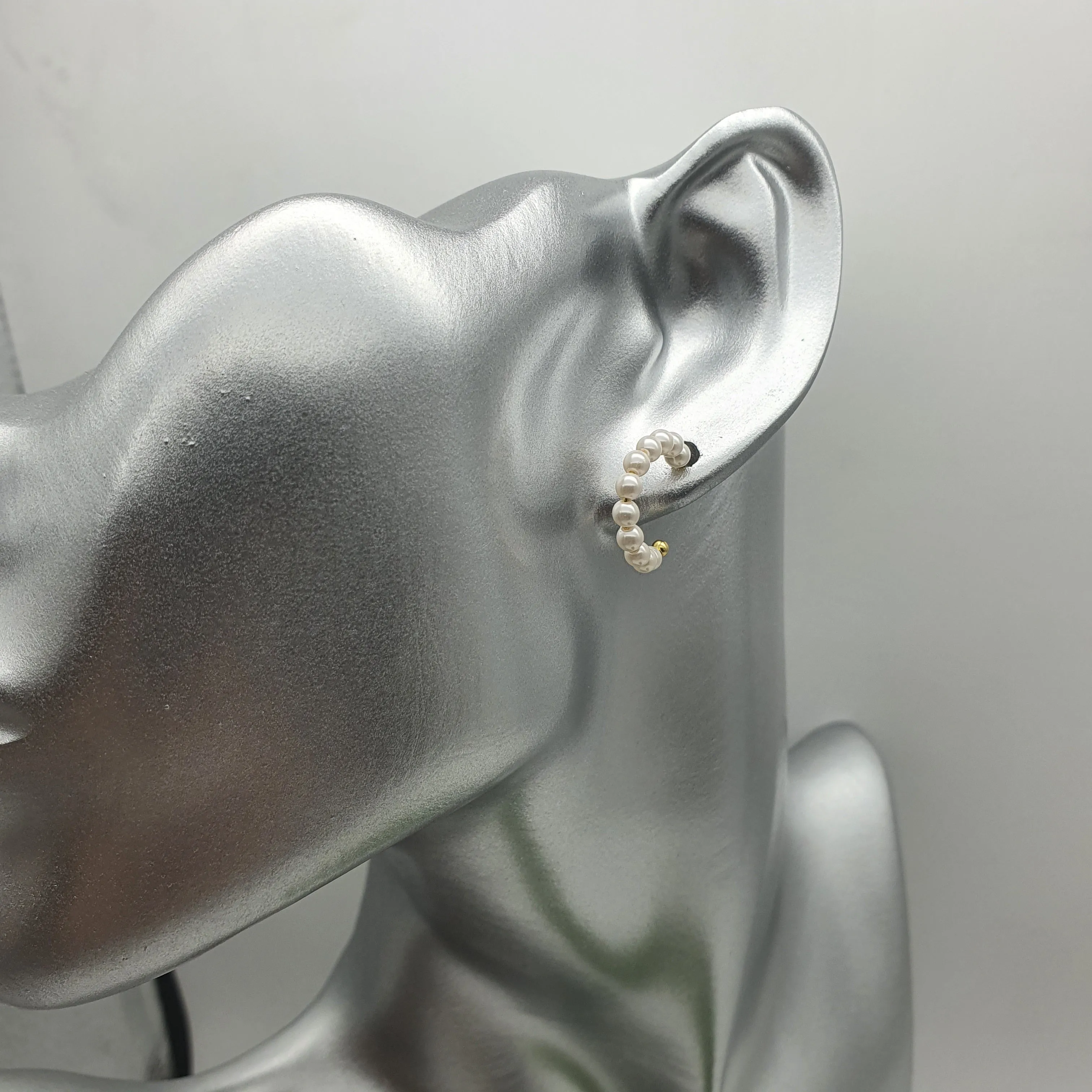 Bead Pearl Hoops Earrings, Sterling Silver