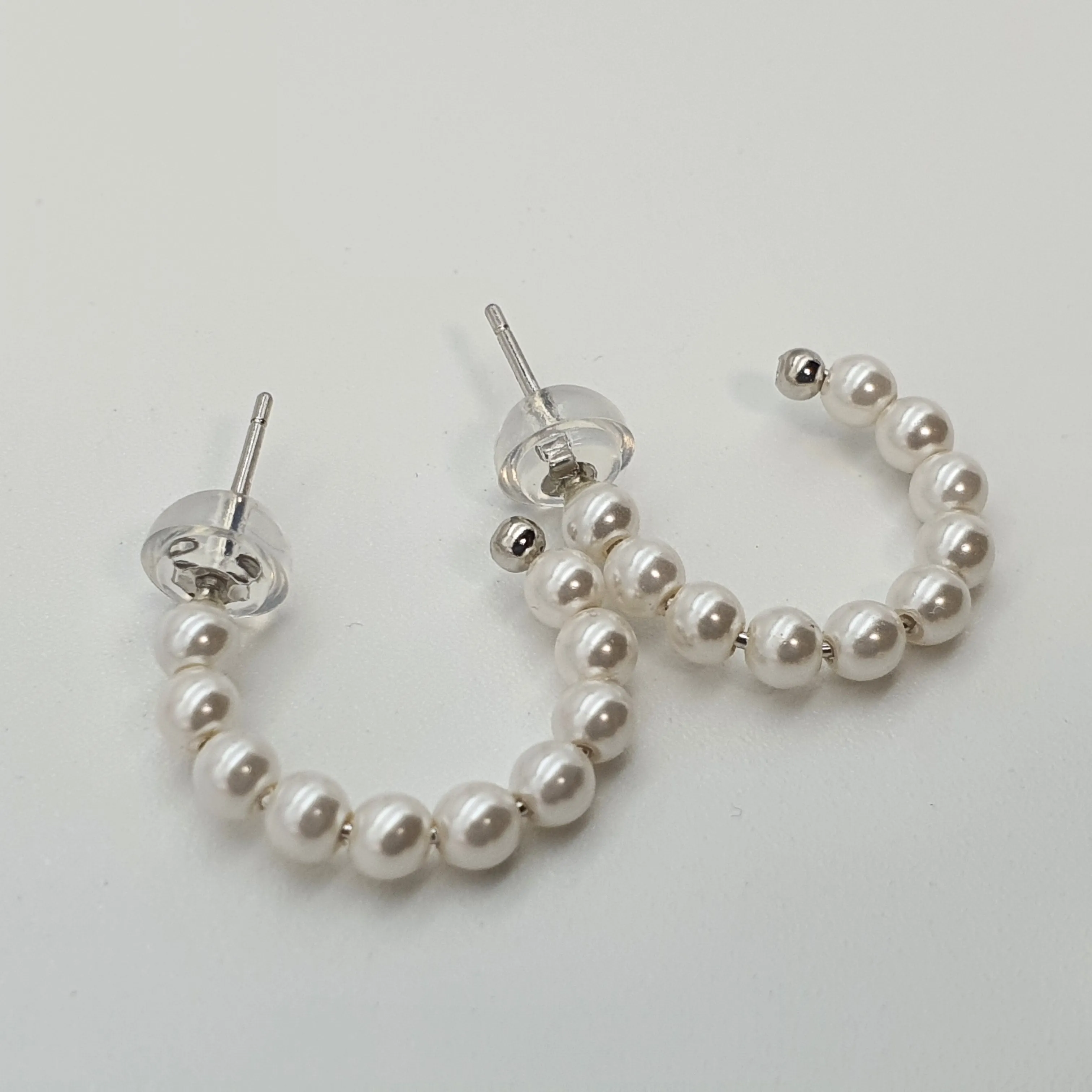 Bead Pearl Hoops Earrings, Sterling Silver