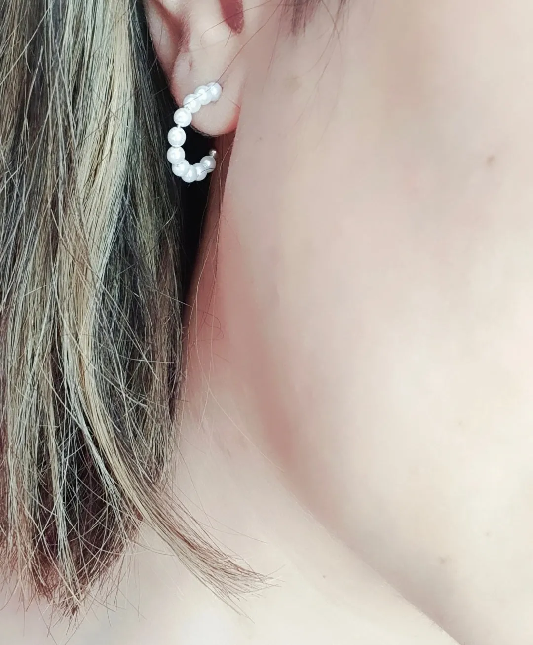 Bead Pearl Hoops Earrings, Sterling Silver