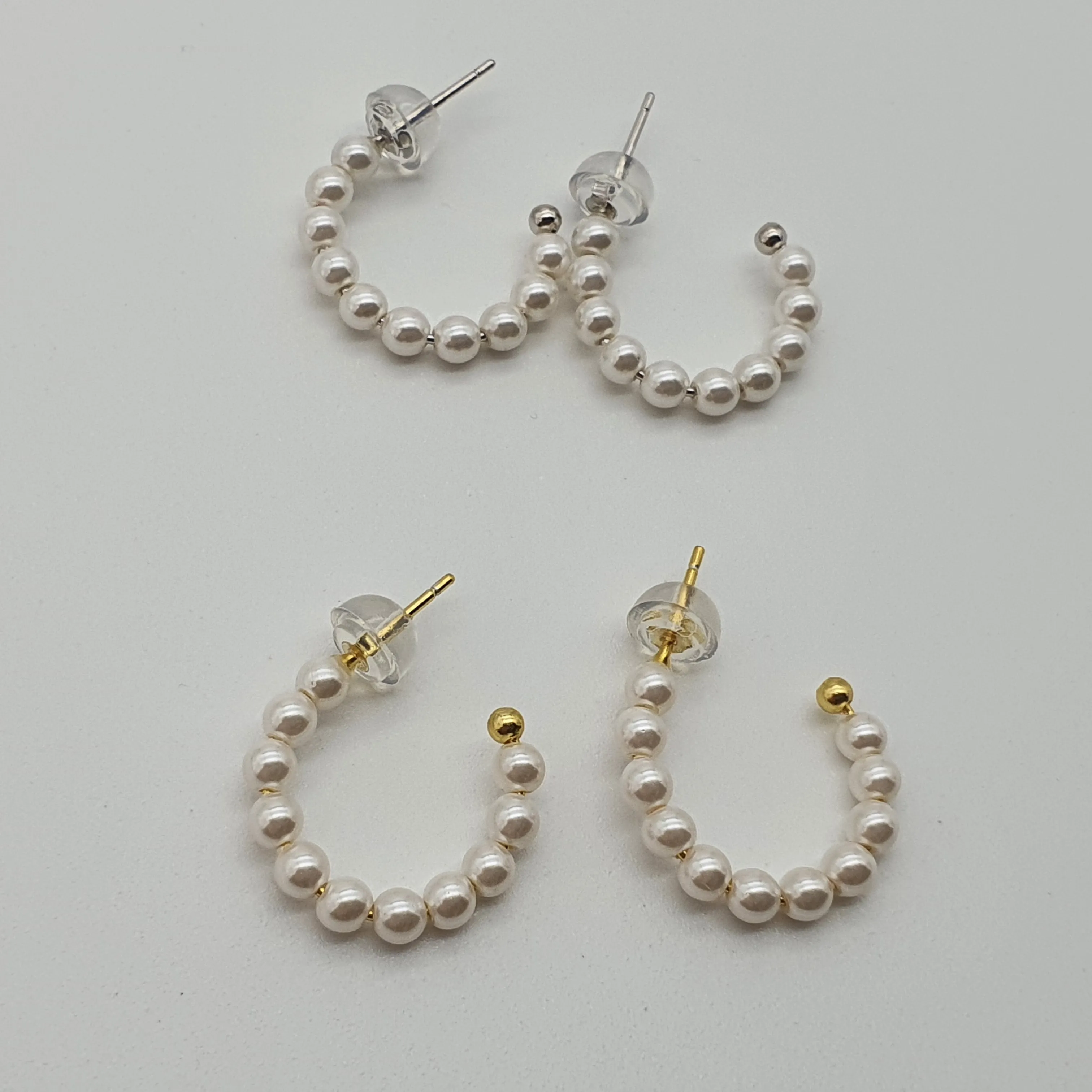 Bead Pearl Hoops Earrings, Sterling Silver