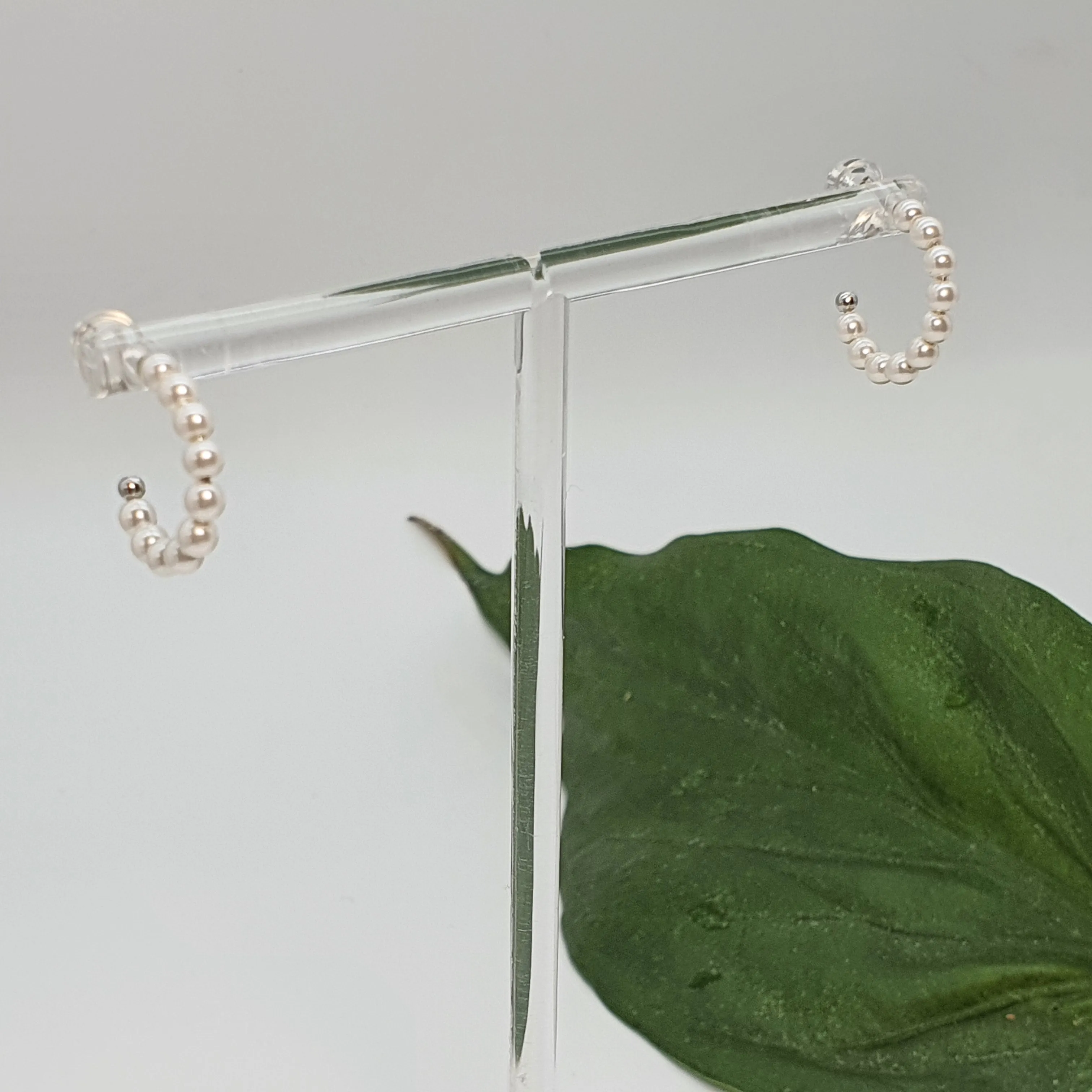Bead Pearl Hoops Earrings, Sterling Silver