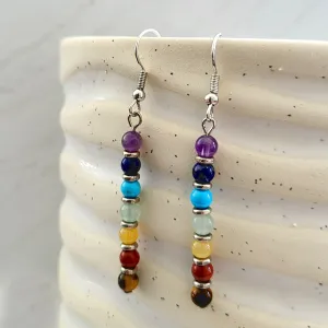 BESHEEK Silvertone Rainbow Hematite Chakra Beaded Dangle Earrings | Hypoallergenic Boho Beach Gala Wedding Style Fashion Earrings