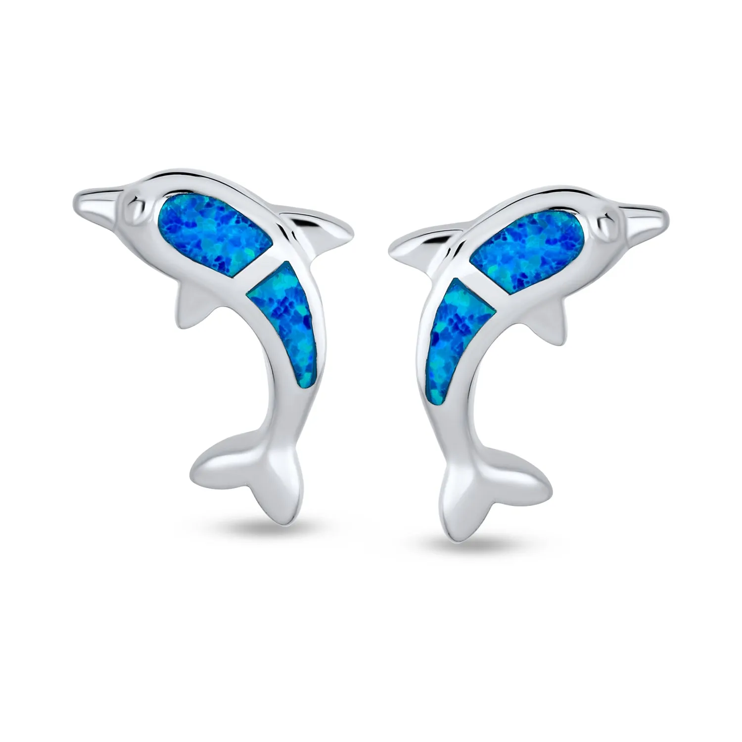 Blue Opal Inlay Dolphins Stud Earrings Sterling Silver Ocean Marine Design