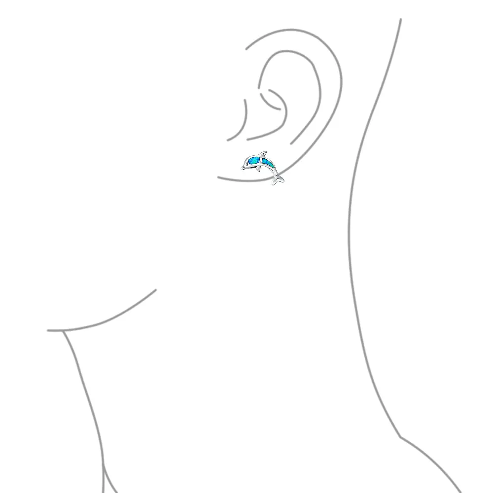 Blue Opal Inlay Dolphins Stud Earrings Sterling Silver Ocean Marine Design