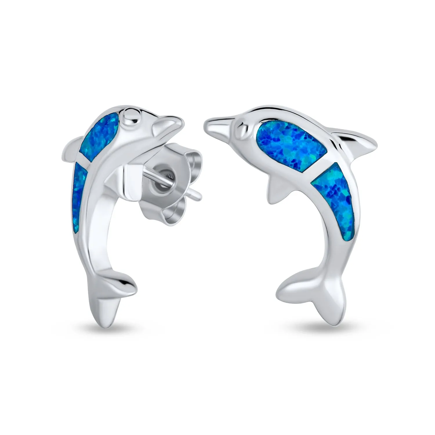 Blue Opal Inlay Dolphins Stud Earrings Sterling Silver Ocean Marine Design