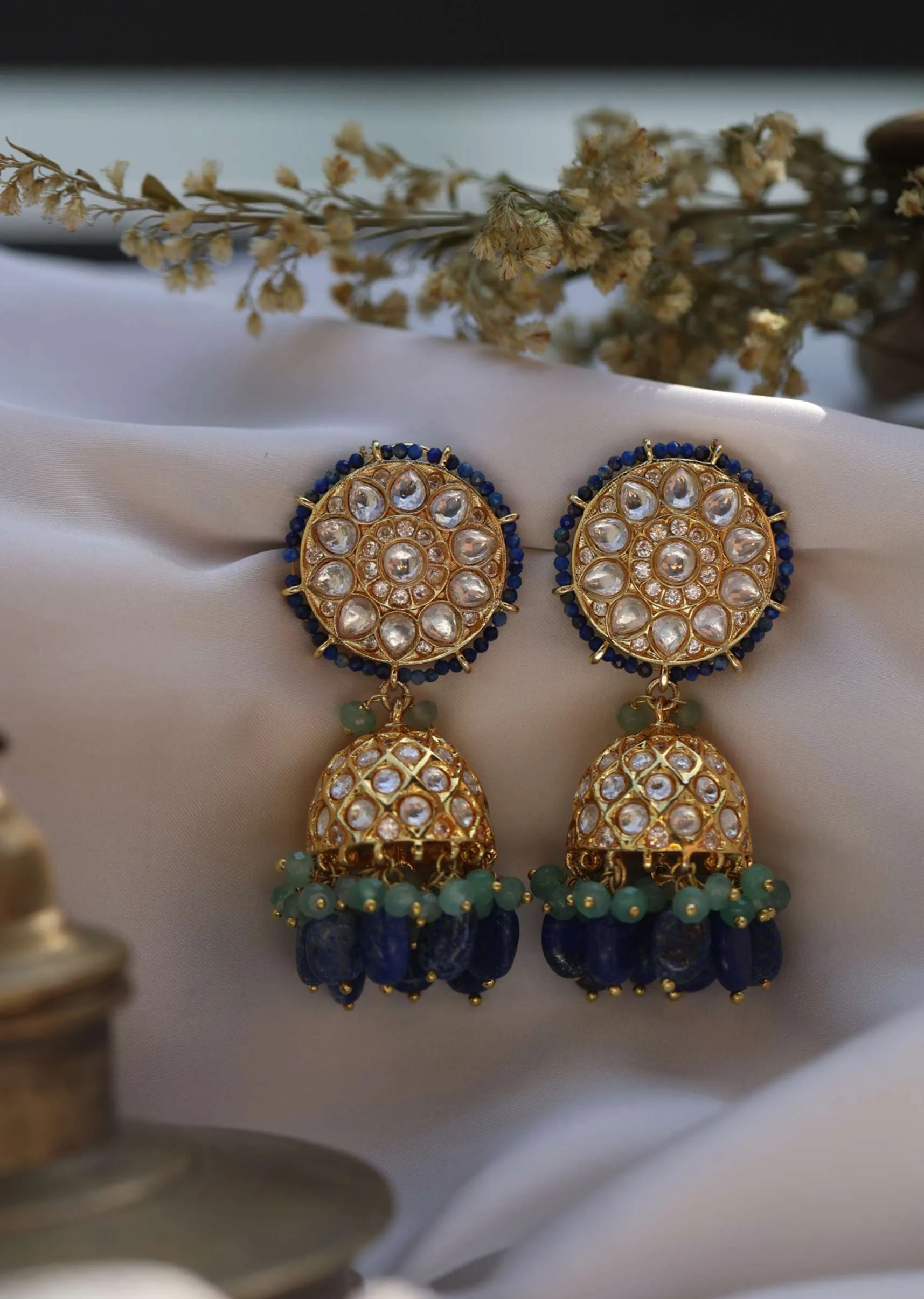Blue Polki Jhumkas In Gold Plated Silver Alloy
