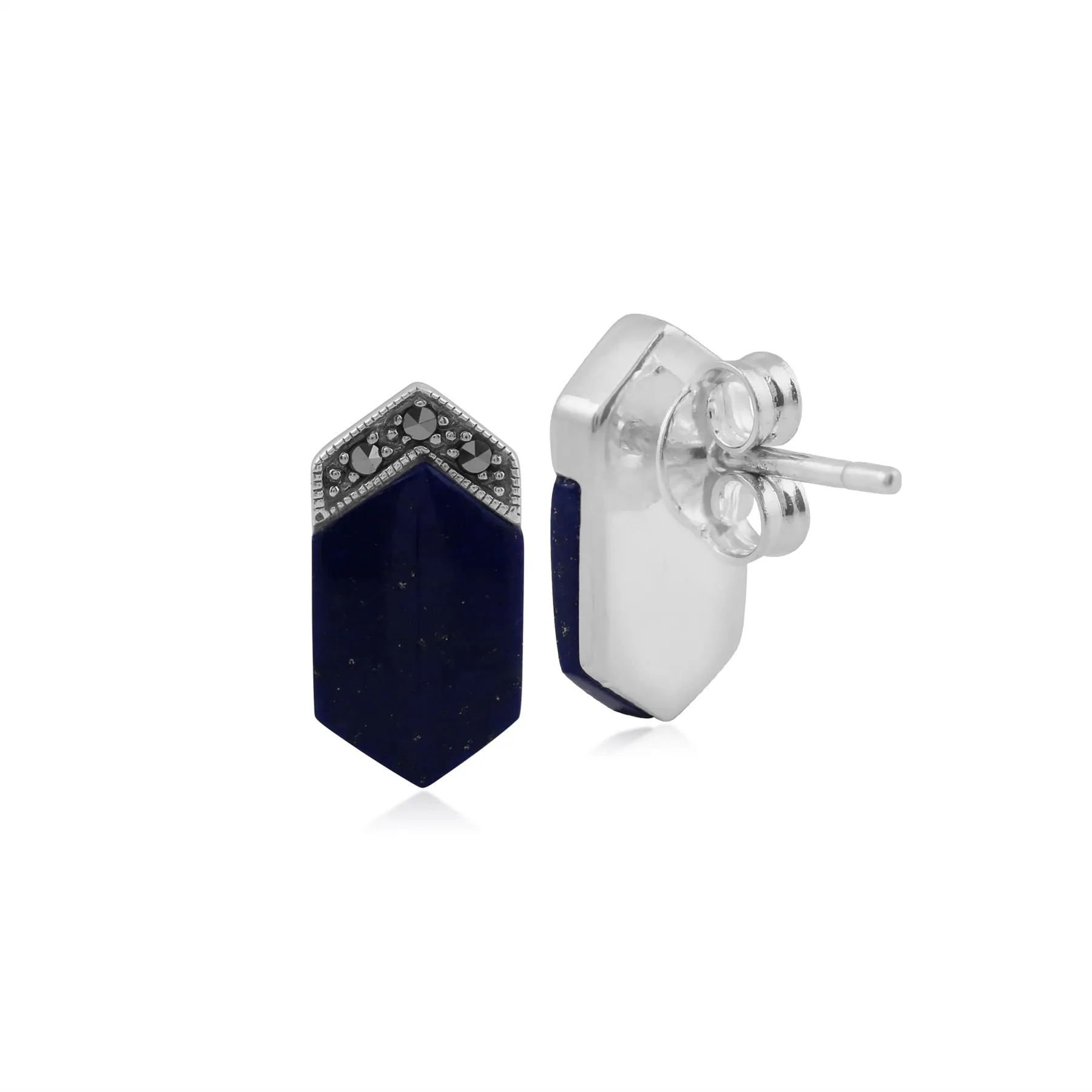 Boucles d'Oreilles Clou Hexagone Long Style Art Déco Argent 925 Lapis Lazuli Cabochon et Marcassite