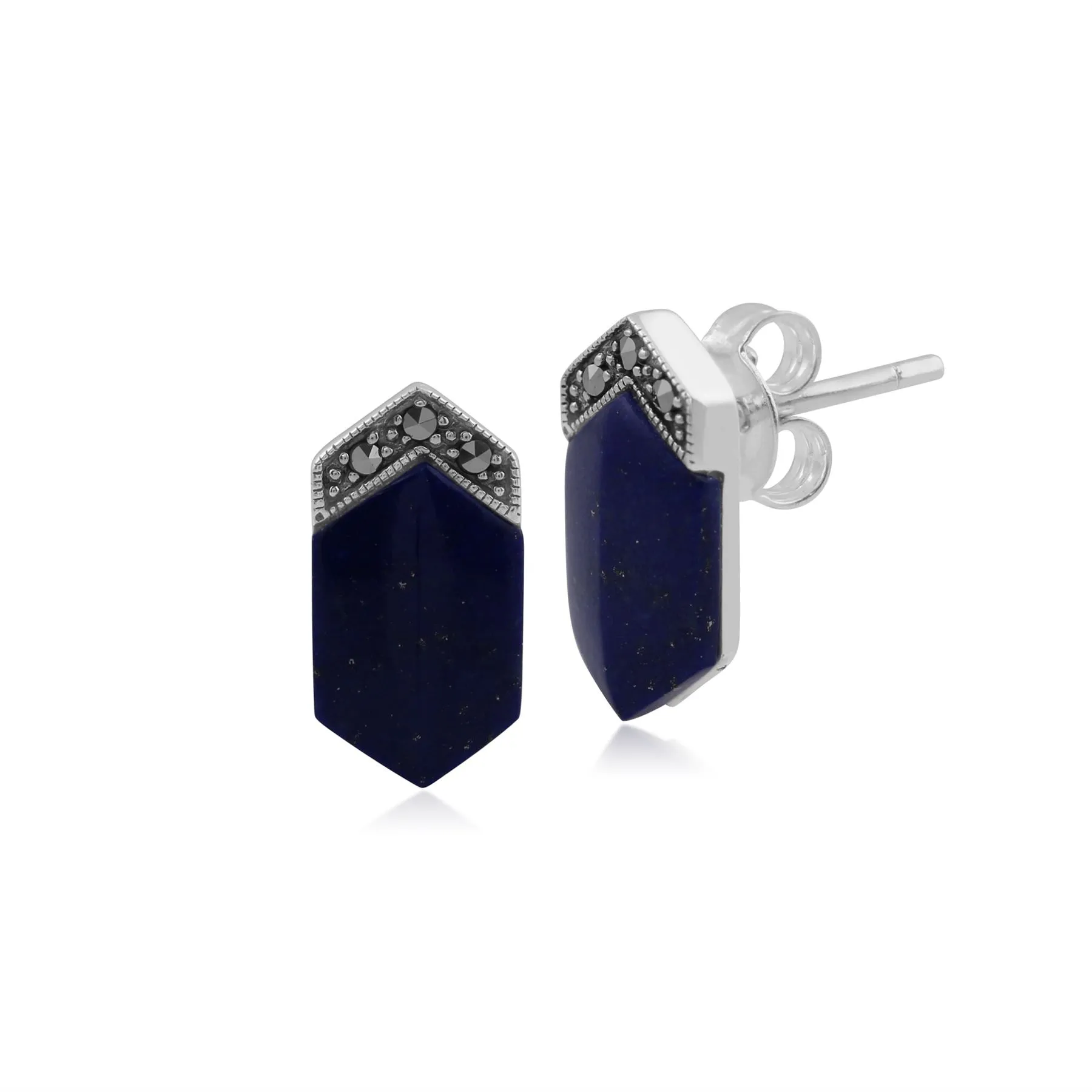 Boucles d'Oreilles Clou Hexagone Long Style Art Déco Argent 925 Lapis Lazuli Cabochon et Marcassite