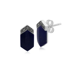 Boucles d'Oreilles Clou Hexagone Long Style Art Déco Argent 925 Lapis Lazuli Cabochon et Marcassite