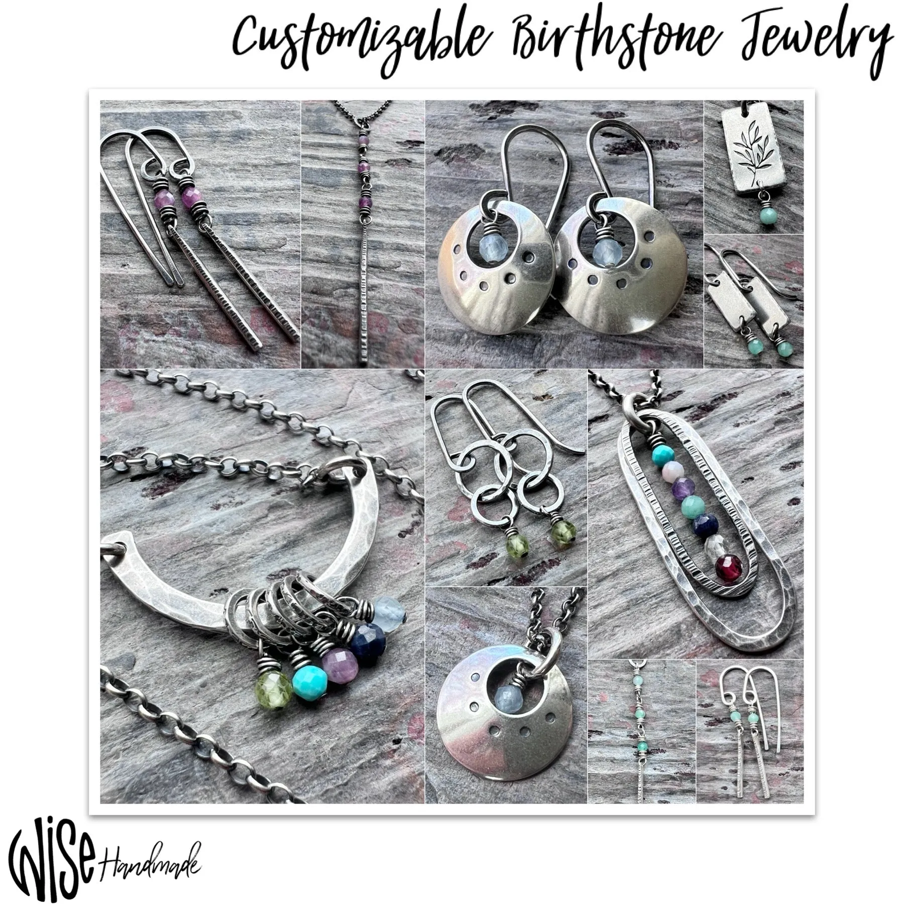 Customizable Sterling Silver Birthstone Earrings | Genuine Gemstone and Small Hammered Circles Dangle Earrings