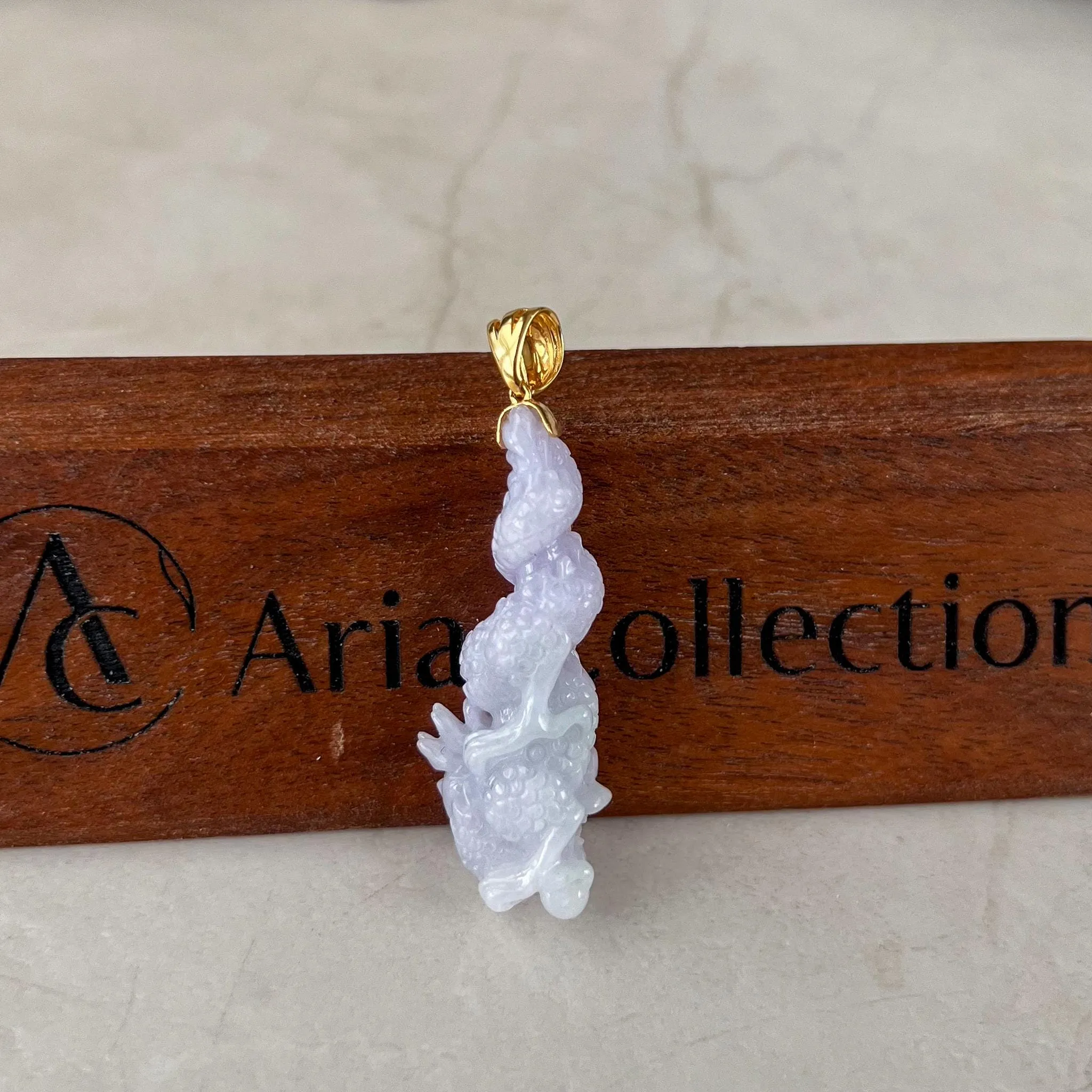 Dragon's Embrace Pendant with 18K Gold, Style 3, Light Purple Jadeite Jade Dragon Hand Carved Pendant, ROS-0424-1730440018