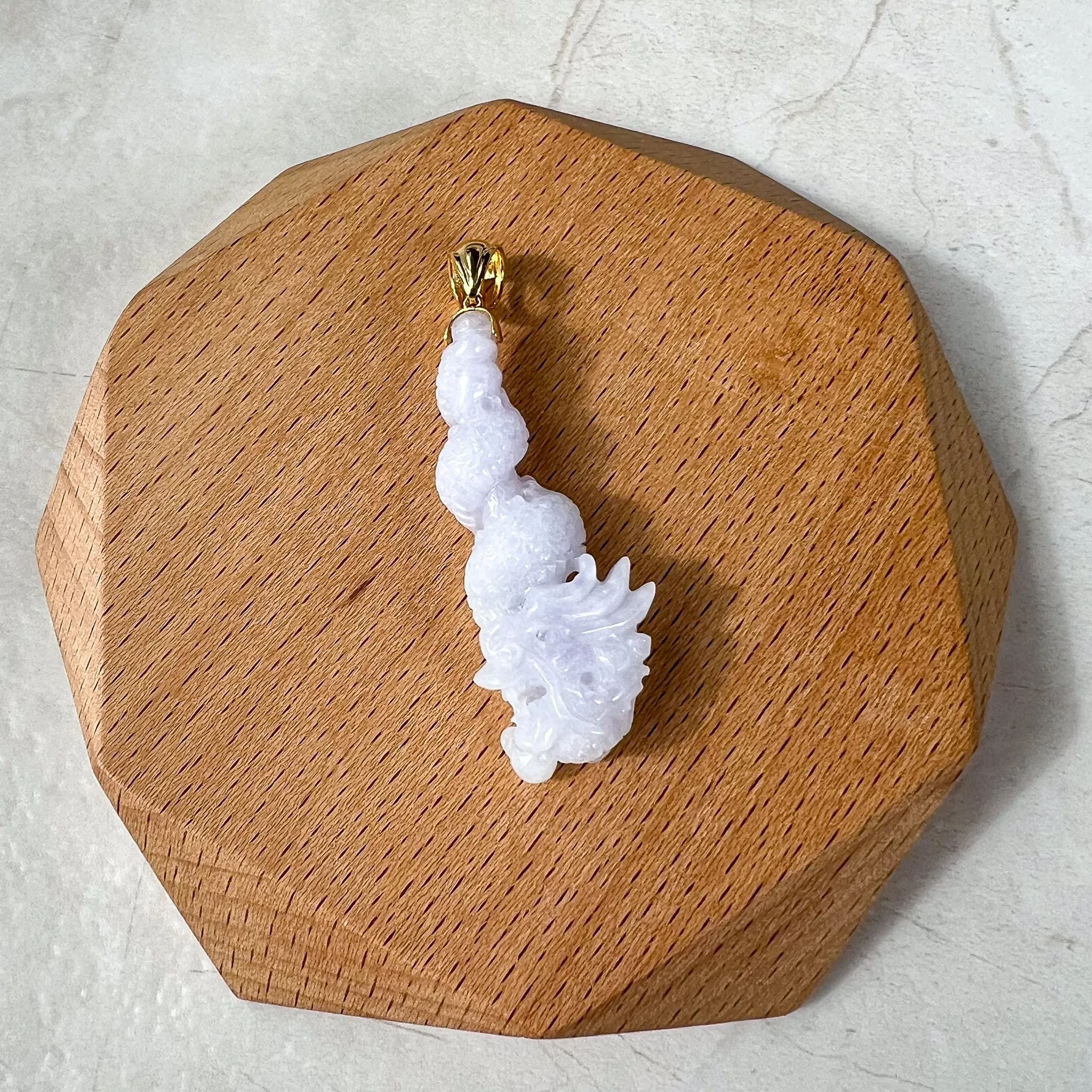 Dragon's Embrace Pendant with 18K Gold, Style 3, Light Purple Jadeite Jade Dragon Hand Carved Pendant, ROS-0424-1730440018