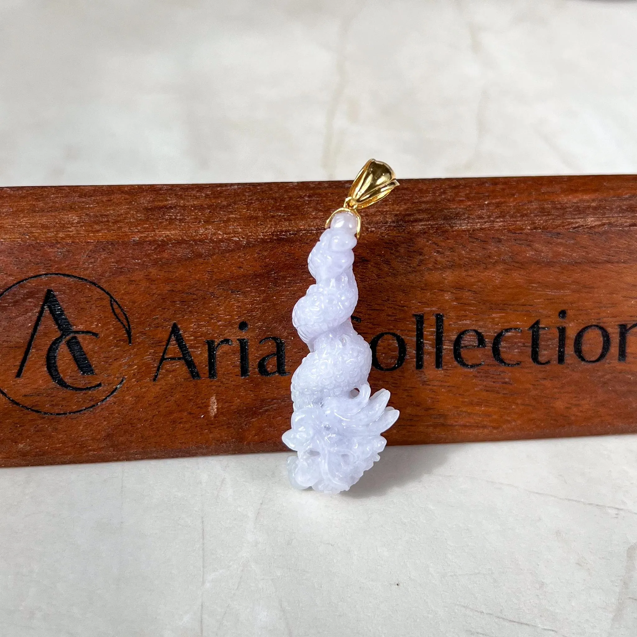 Dragon's Embrace Pendant with 18K Gold, Style 3, Light Purple Jadeite Jade Dragon Hand Carved Pendant, ROS-0424-1730440018