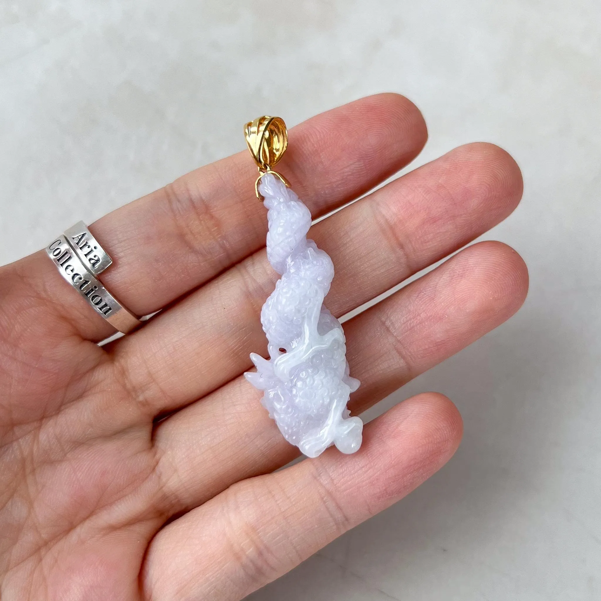 Dragon's Embrace Pendant with 18K Gold, Style 3, Light Purple Jadeite Jade Dragon Hand Carved Pendant, ROS-0424-1730440018