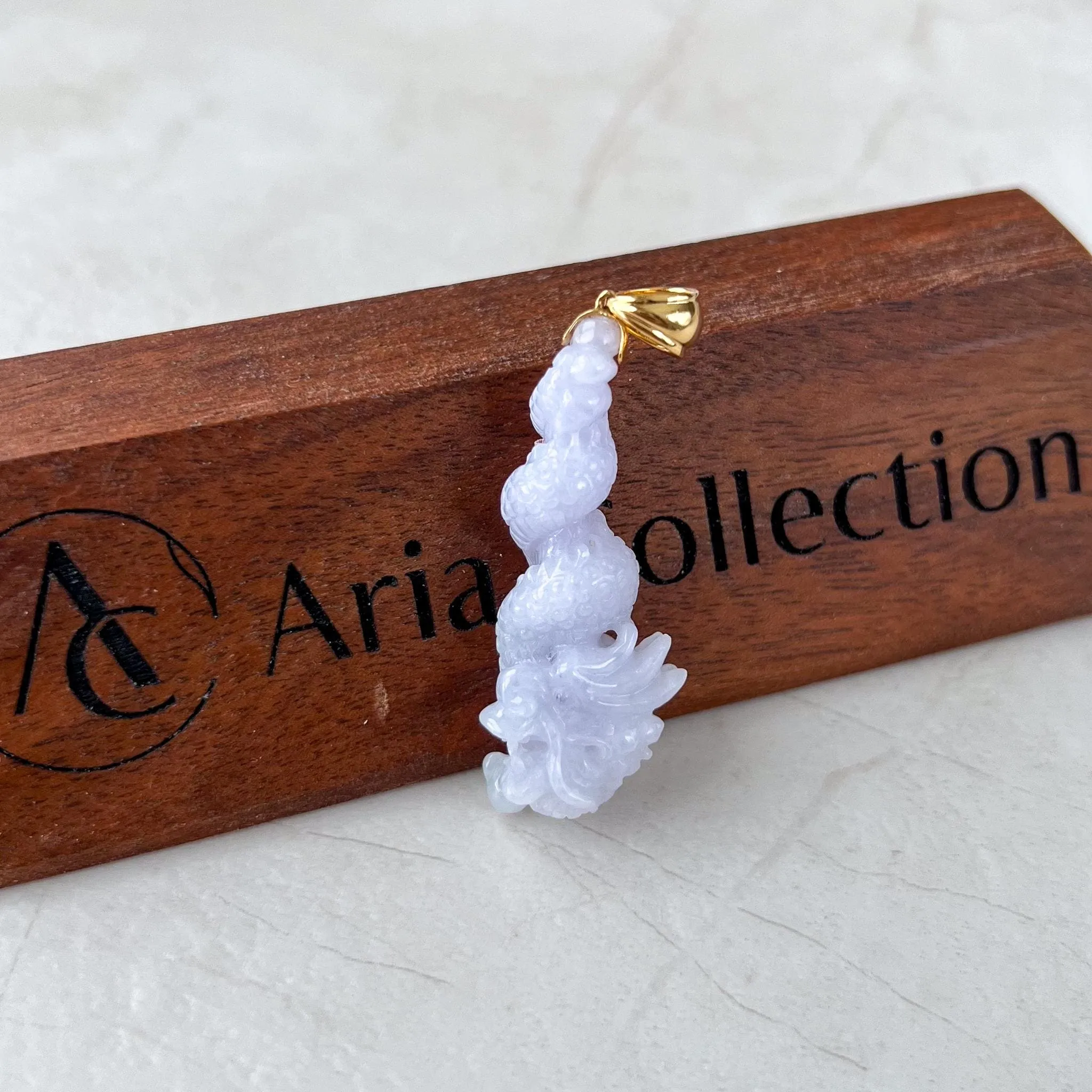 Dragon's Embrace Pendant with 18K Gold, Style 3, Light Purple Jadeite Jade Dragon Hand Carved Pendant, ROS-0424-1730440018