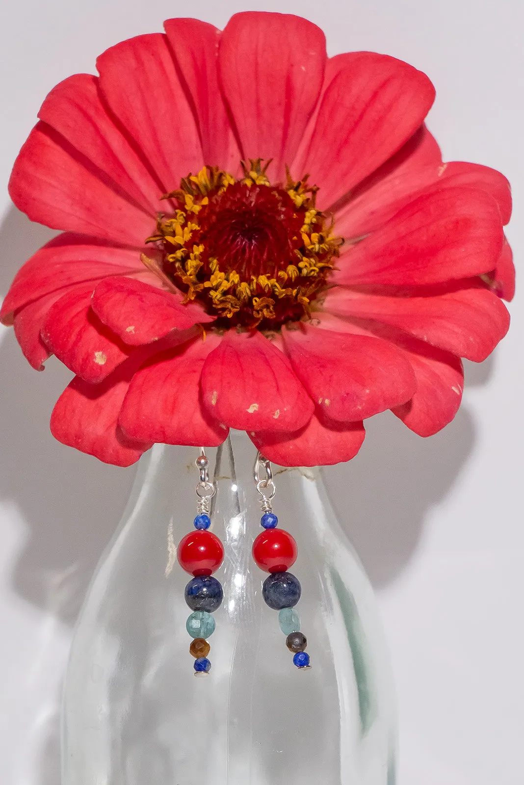 Earrings Gemstone Coral & Lapis Tower