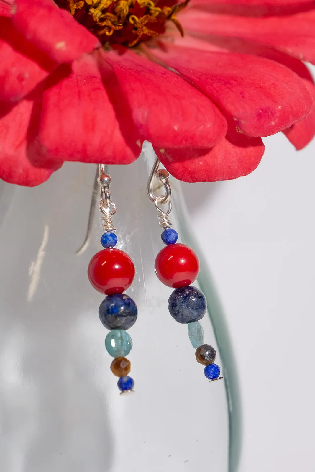 Earrings Gemstone Coral & Lapis Tower