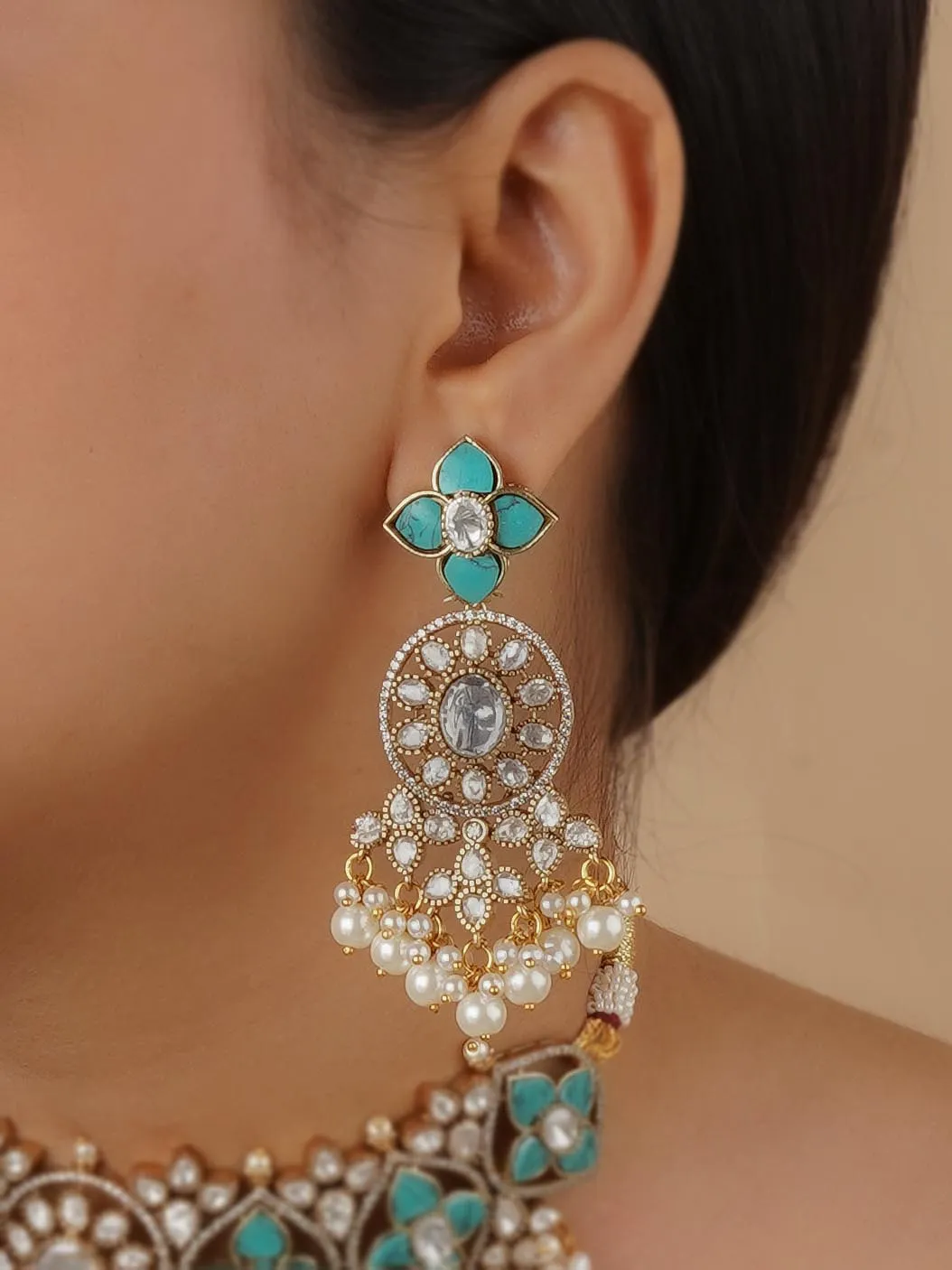 Firoza Color Gold Plated Faux Polki Necklace Set - PK-S149F