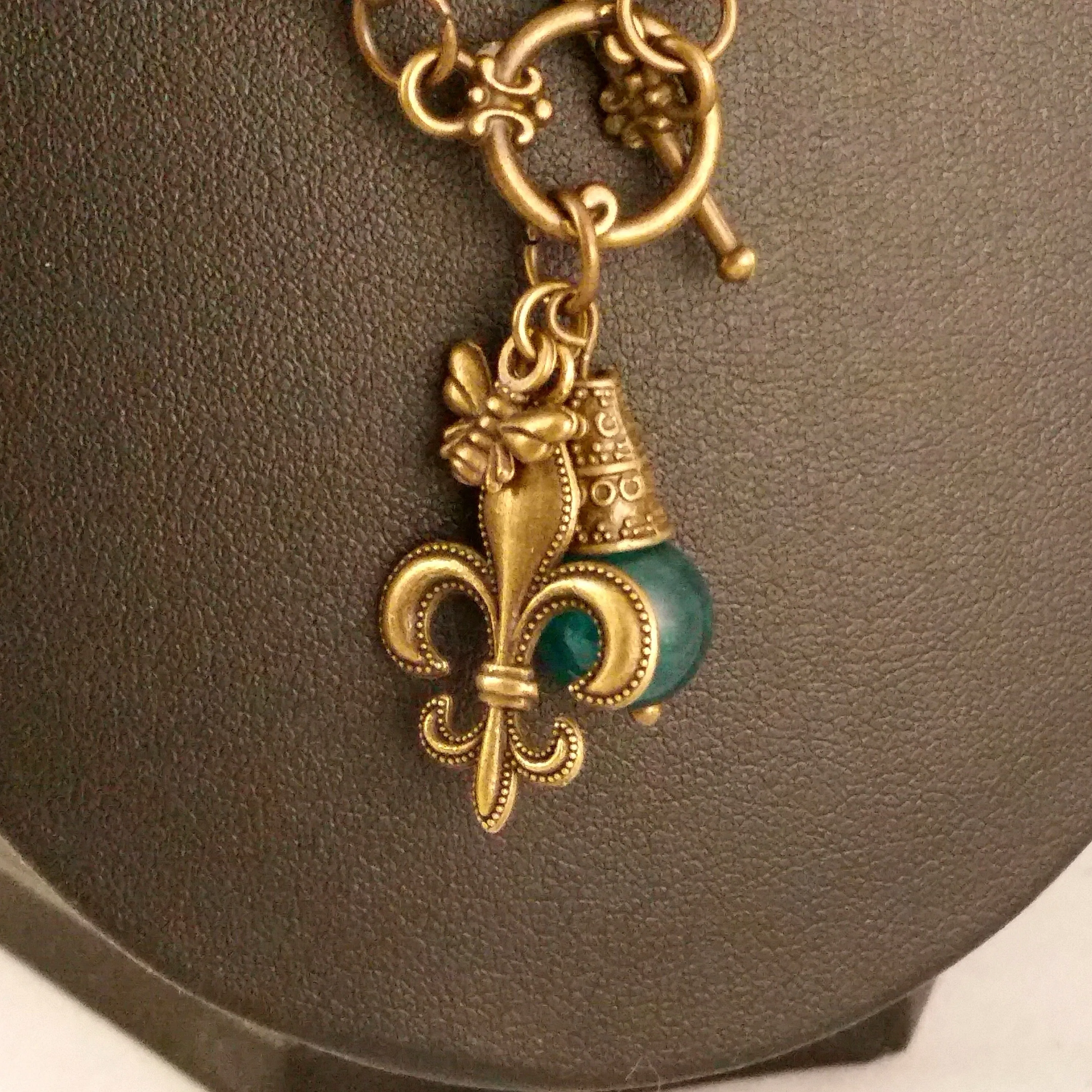 Fleur De Lys Necklace Bronze Bee Teal Agate