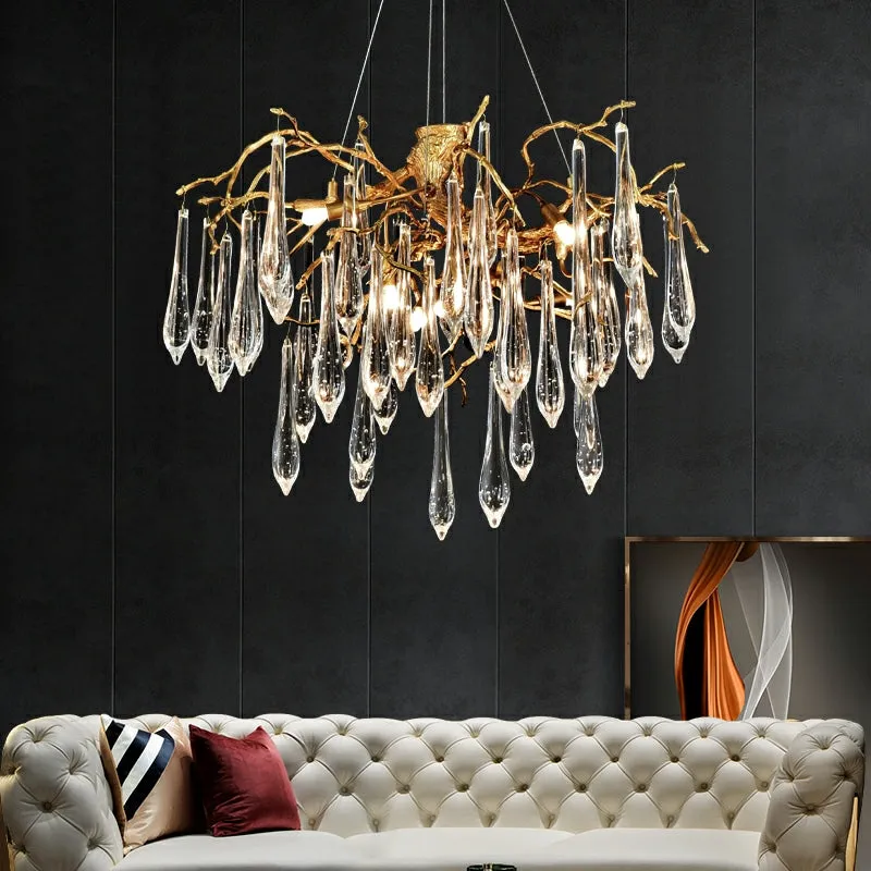 French Style Living Room Branch Crystal Drops Chandelier Modern Copper Gold Finish Dining Room Ceiling Lighting Fixture