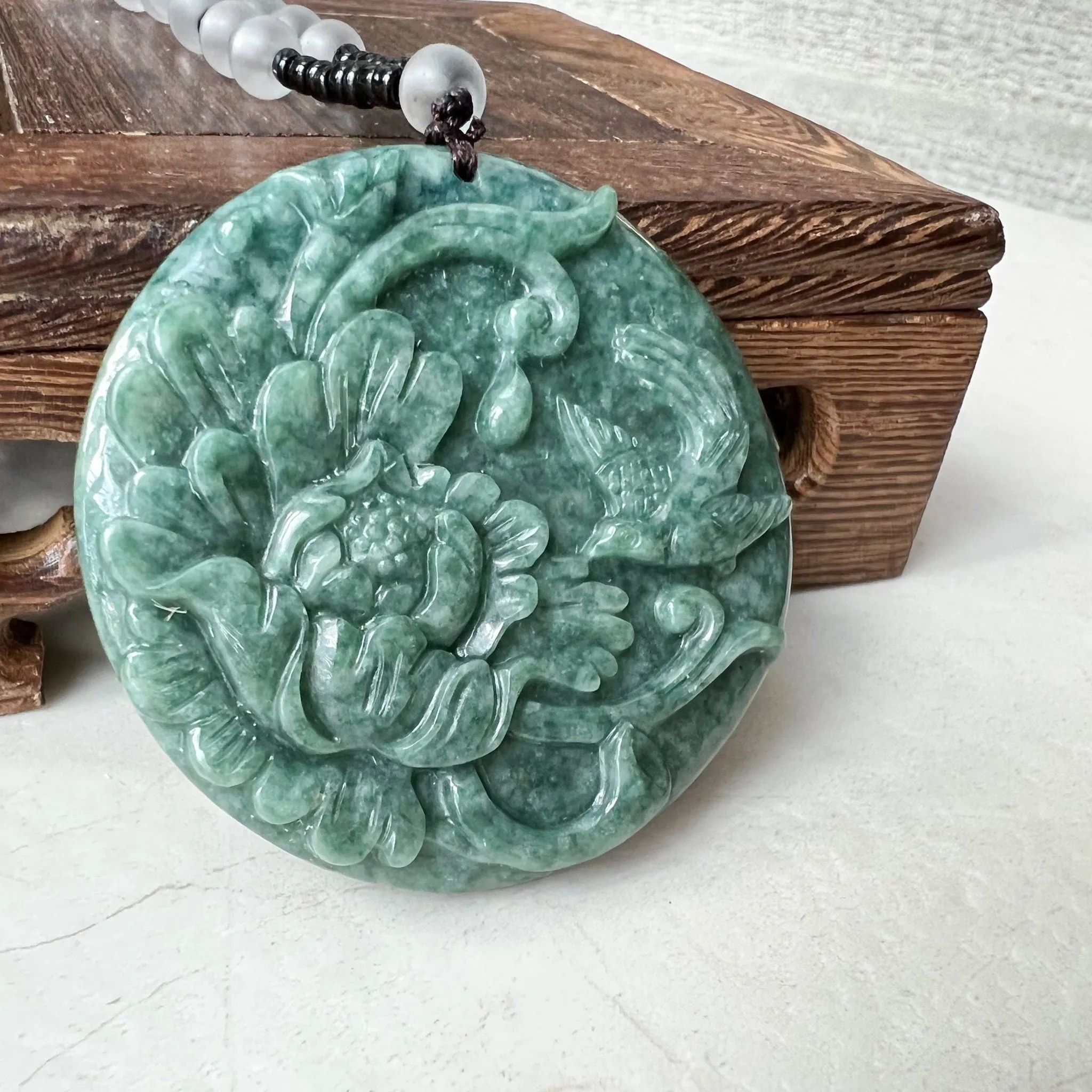 Green Jadeite Jade Floral Bird, Magpie, Hand Carved Pendant, YJ-0322-0319721