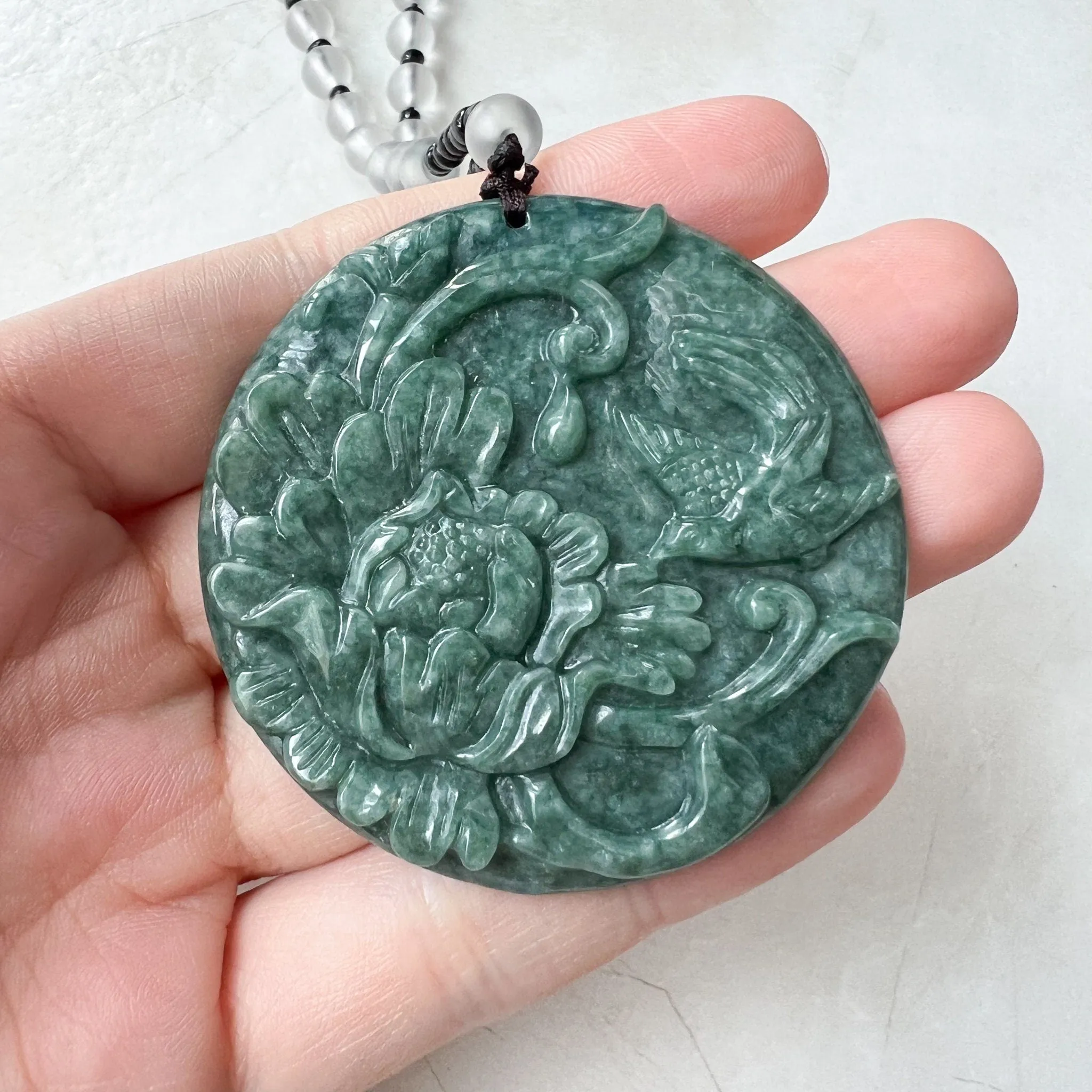 Green Jadeite Jade Floral Bird, Magpie, Hand Carved Pendant, YJ-0322-0319721