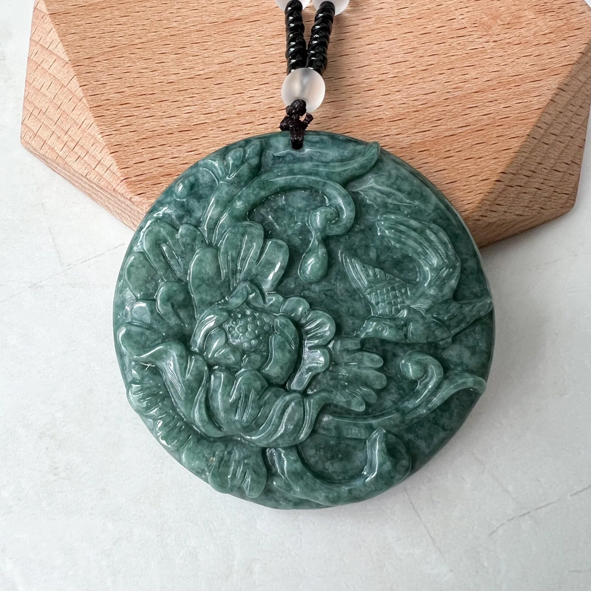 Green Jadeite Jade Floral Bird, Magpie, Hand Carved Pendant, YJ-0322-0319721