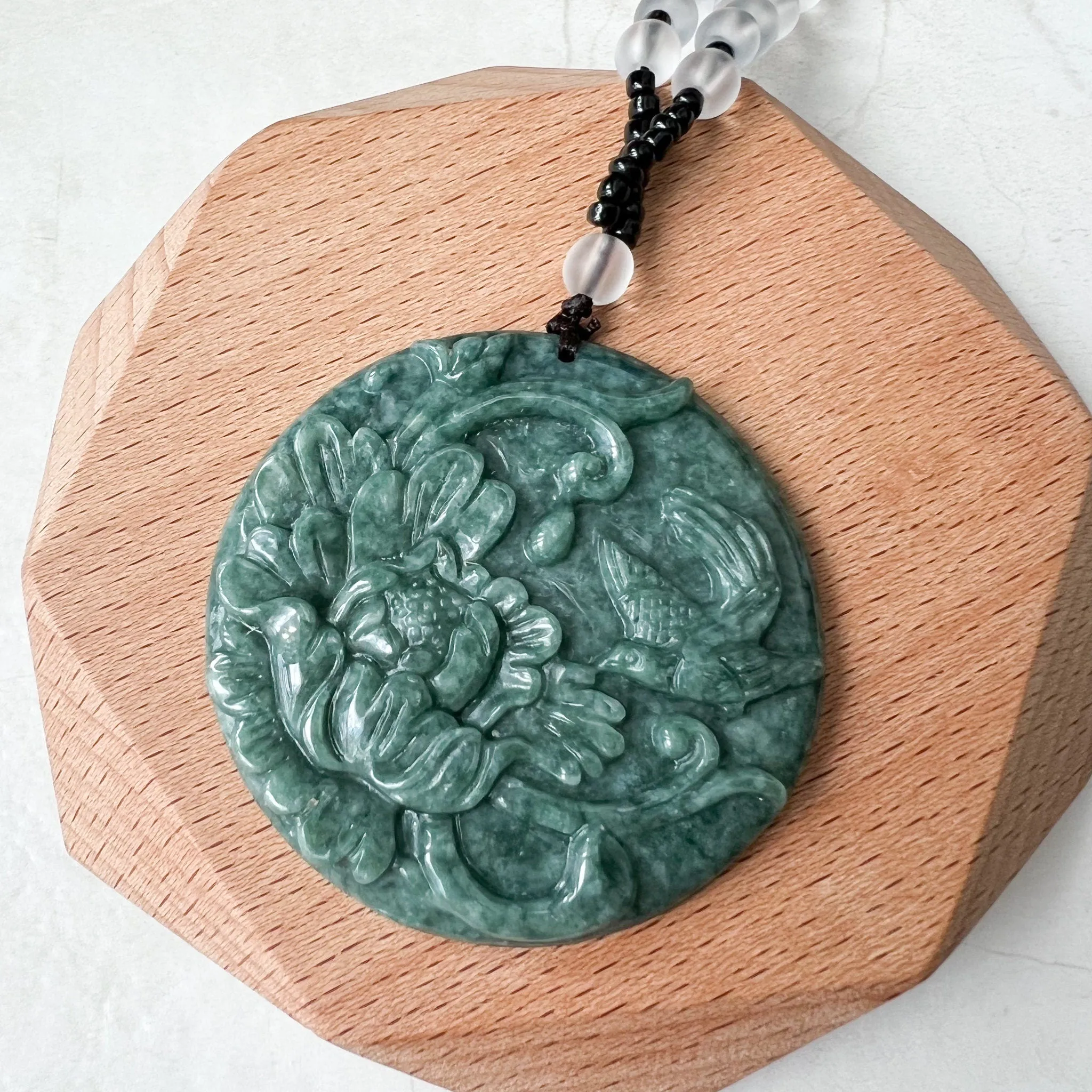 Green Jadeite Jade Floral Bird, Magpie, Hand Carved Pendant, YJ-0322-0319721