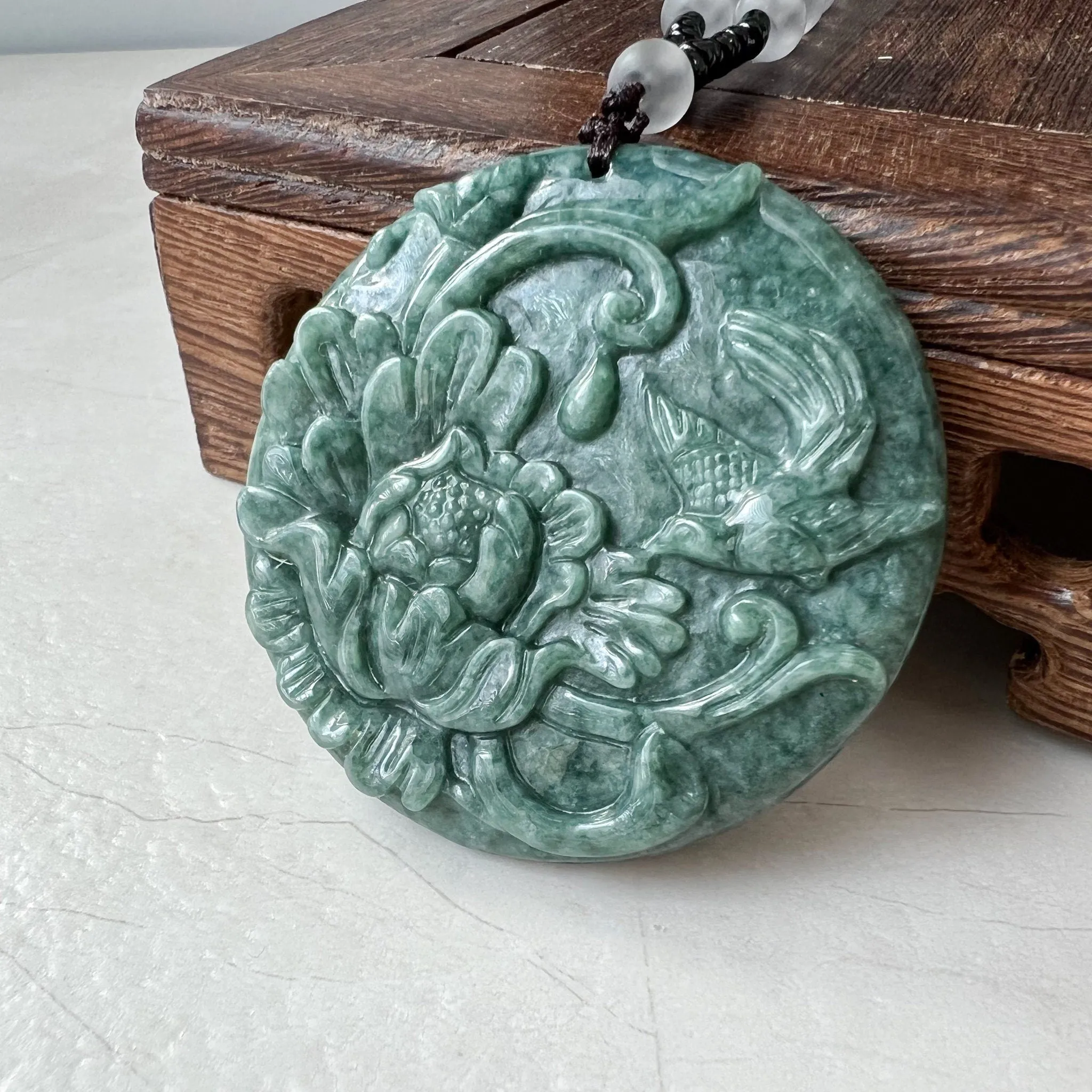 Green Jadeite Jade Floral Bird, Magpie, Hand Carved Pendant, YJ-0322-0319721