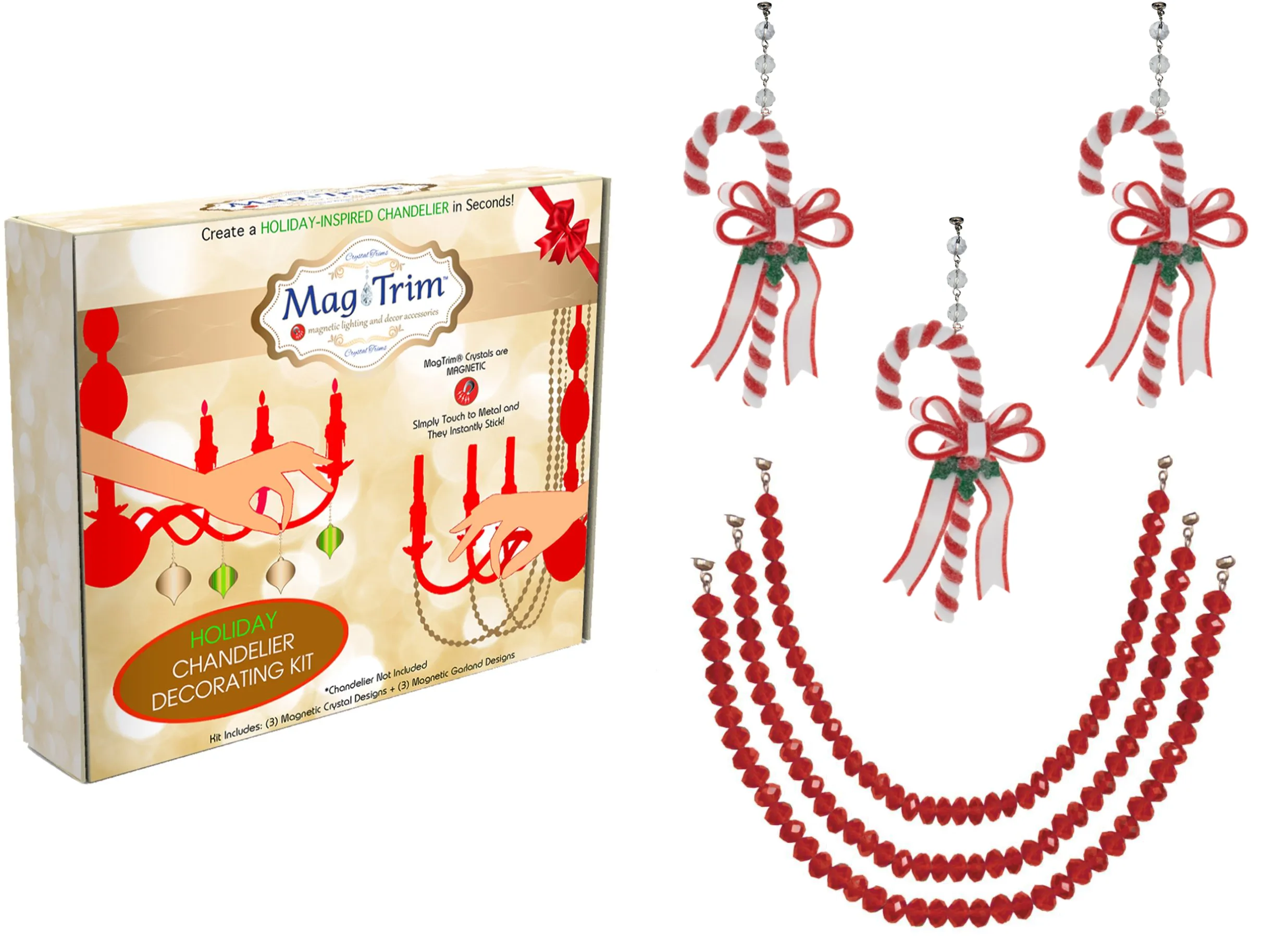 HOLIDAY CHANDELIER MAKEOVER KIT - (3) Candy Cane   (3) 12" Red Crystal Garland