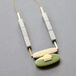 Jade & wood Artdeco pendant necklace