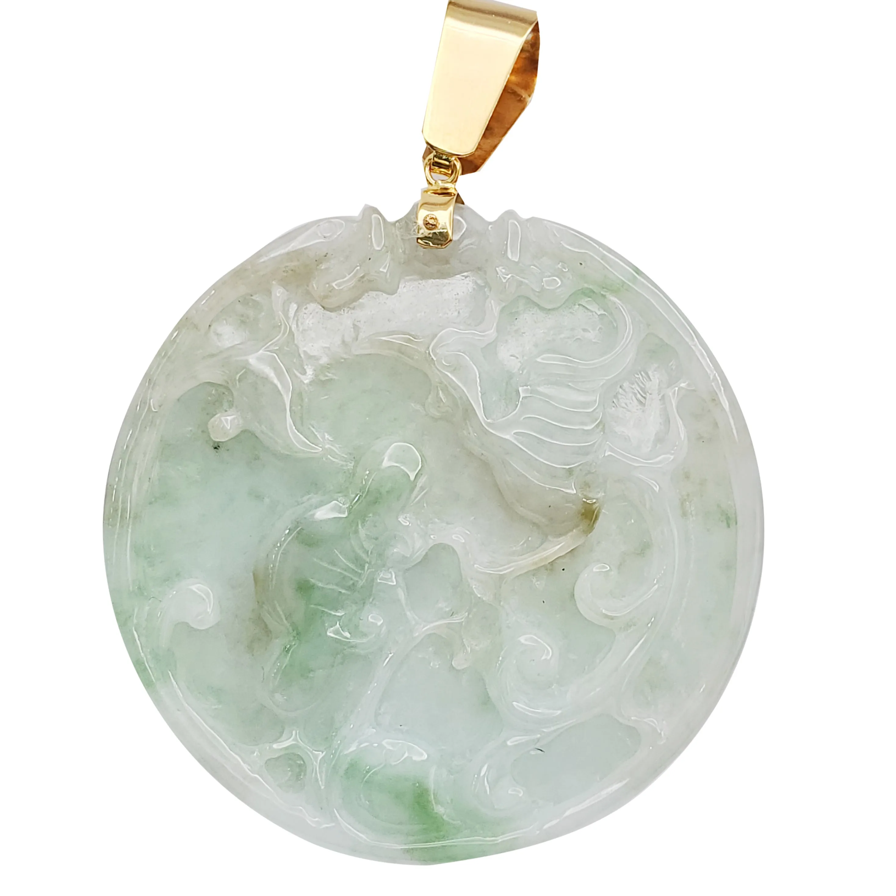 Jade Carved Phoenix Medallion Pendant (14K)