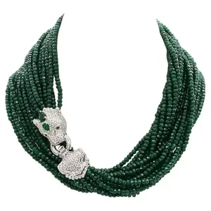 Jade Multi-Strand Necklace with Silver Leopard Head Clasp