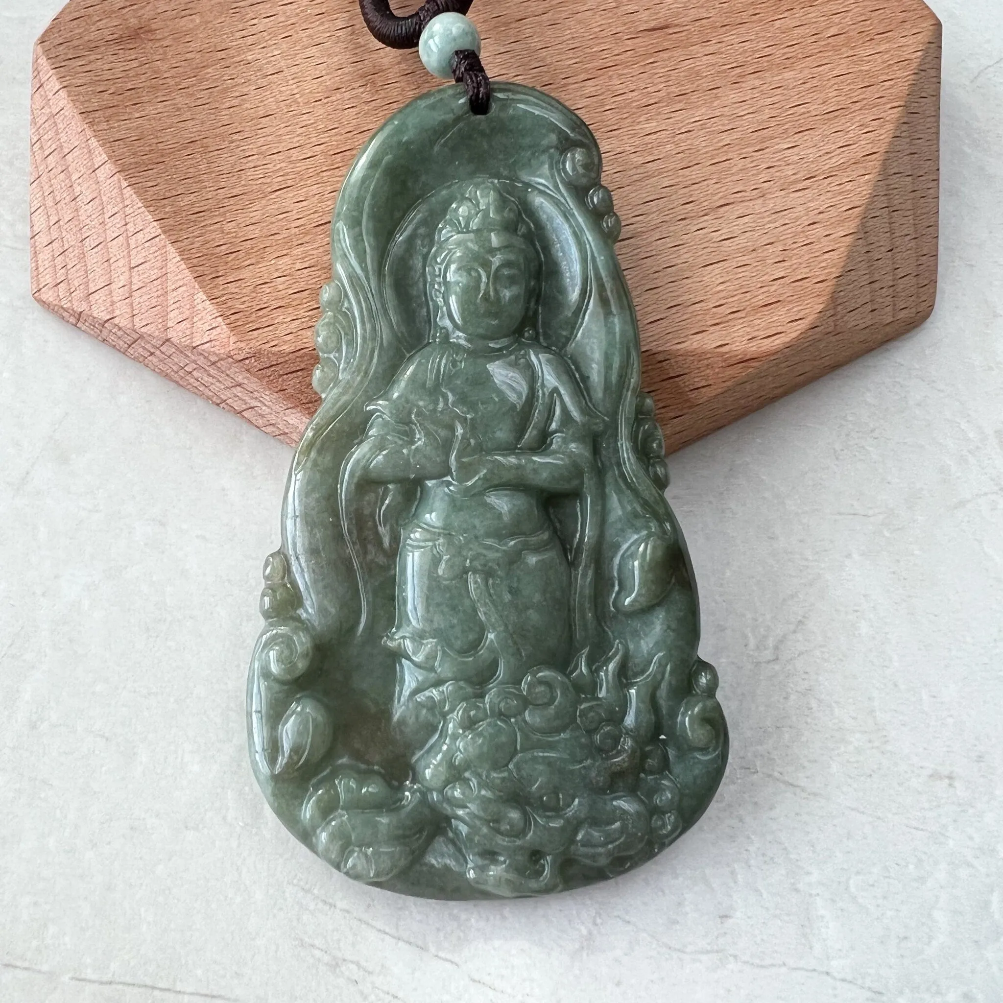 Jadeite Jade Guan Yin Avalokiteshvara and Dragon Carved Pendant Necklace, Quan Am, YJ-1221-0279115