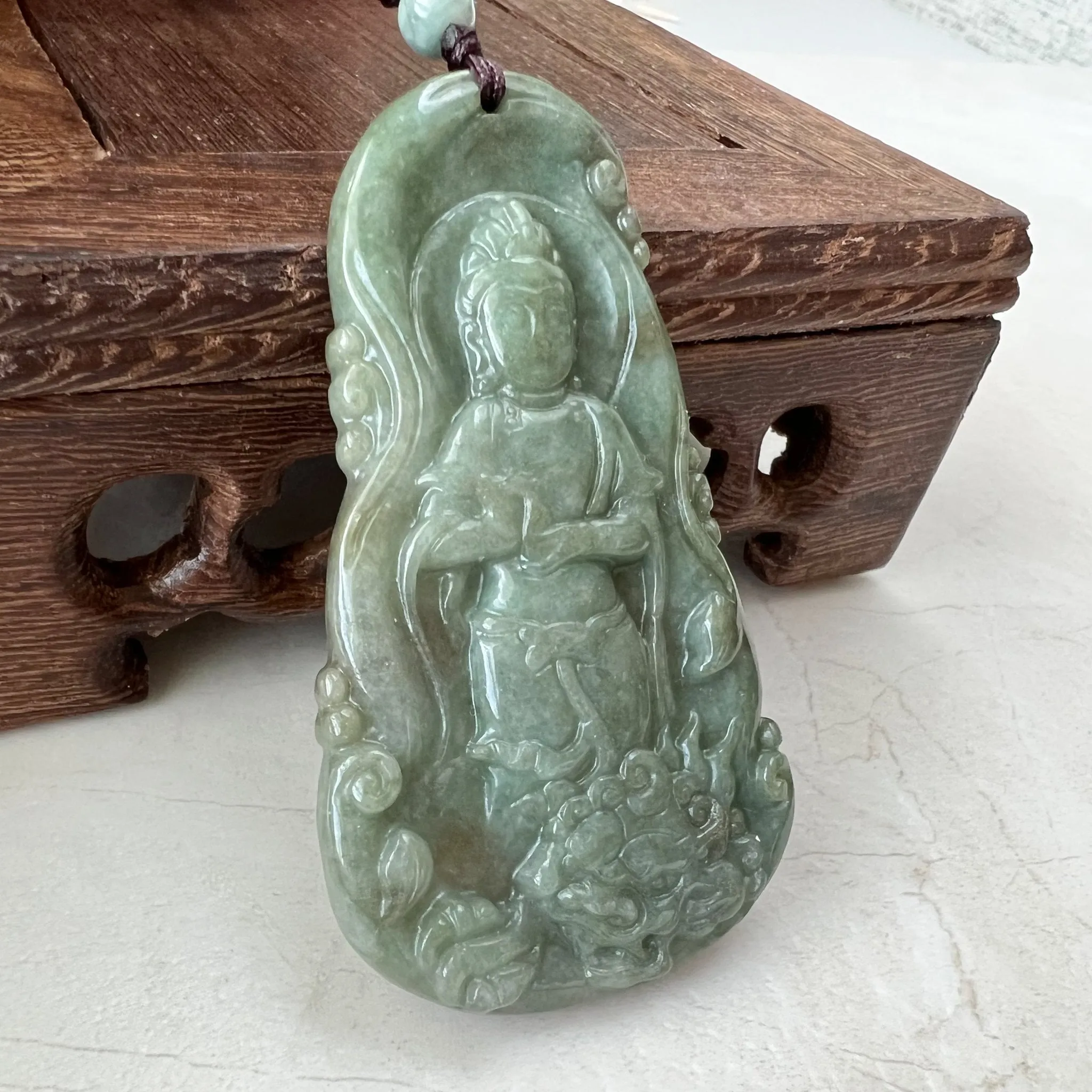 Jadeite Jade Guan Yin Avalokiteshvara and Dragon Carved Pendant Necklace, Quan Am, YJ-1221-0279115