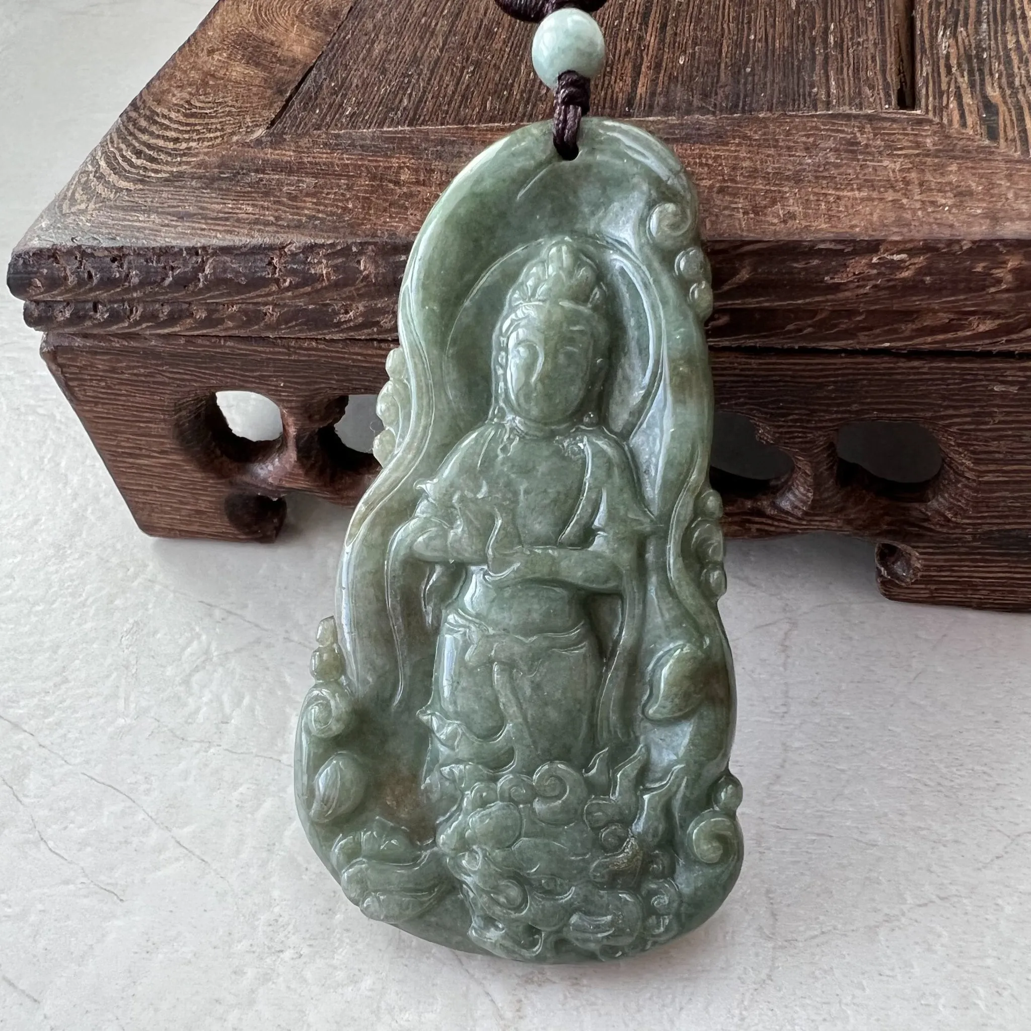 Jadeite Jade Guan Yin Avalokiteshvara and Dragon Carved Pendant Necklace, Quan Am, YJ-1221-0279115