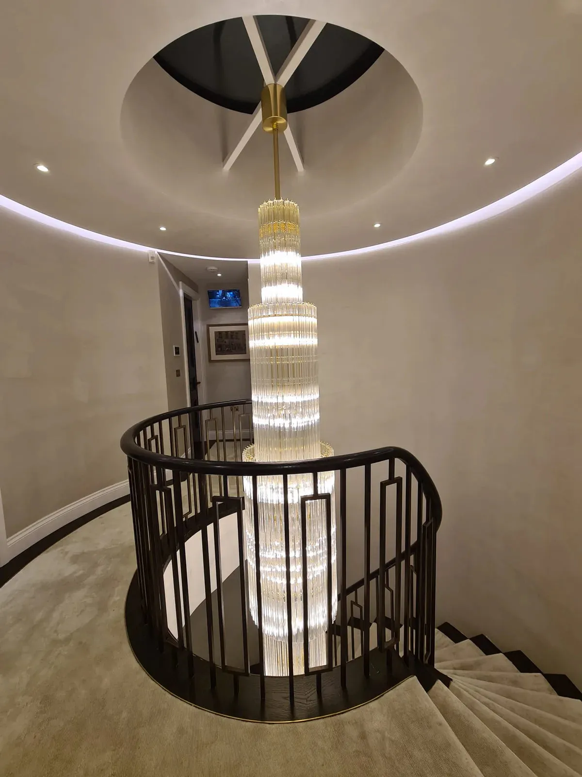 Large Bespoke Murano Glass Prism Staircase Chandelier With Extra Long Glass Prism Elements