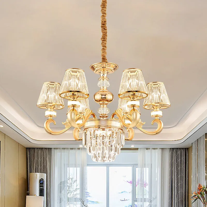 Modern 3-Tier Crystal Chandelier with Conic Shade - Gold finish - 6/8 Heads - Living Room Hanging Lamp Kit