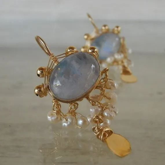 Moonstone Pearl Waterfall Earrings in Gold Filled