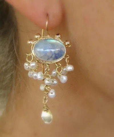 Moonstone Pearl Waterfall Earrings in Gold Filled