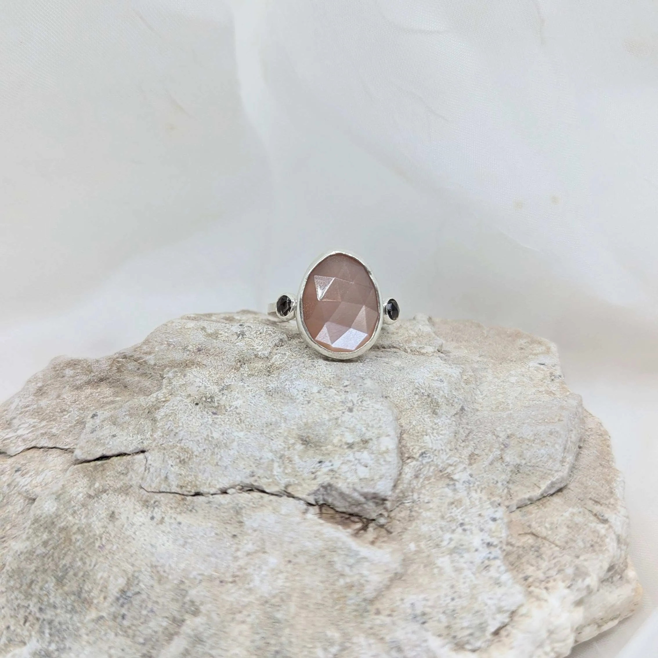 Peach moonstone & smoky quartz ring