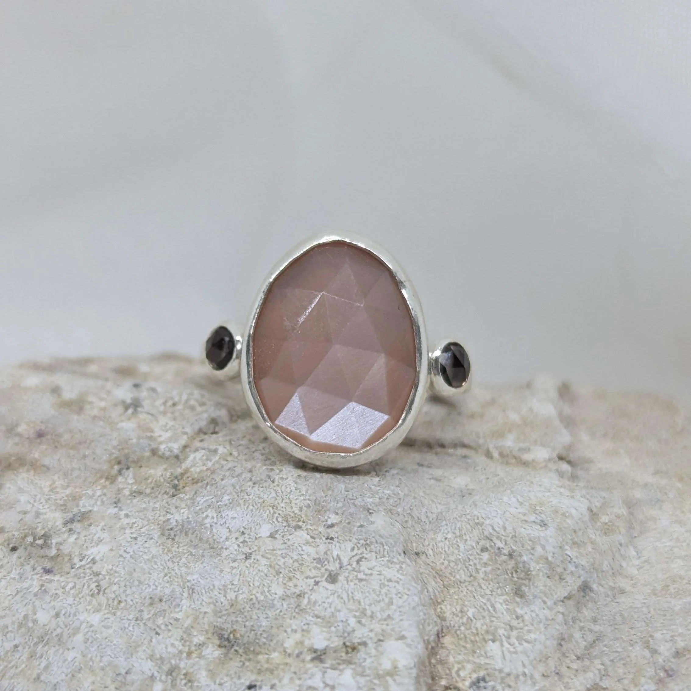Peach moonstone & smoky quartz ring