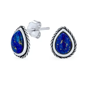 Petite Bali Style Blue Lapis Lazuli Stud Earrings in Oxidized Sterling Silver