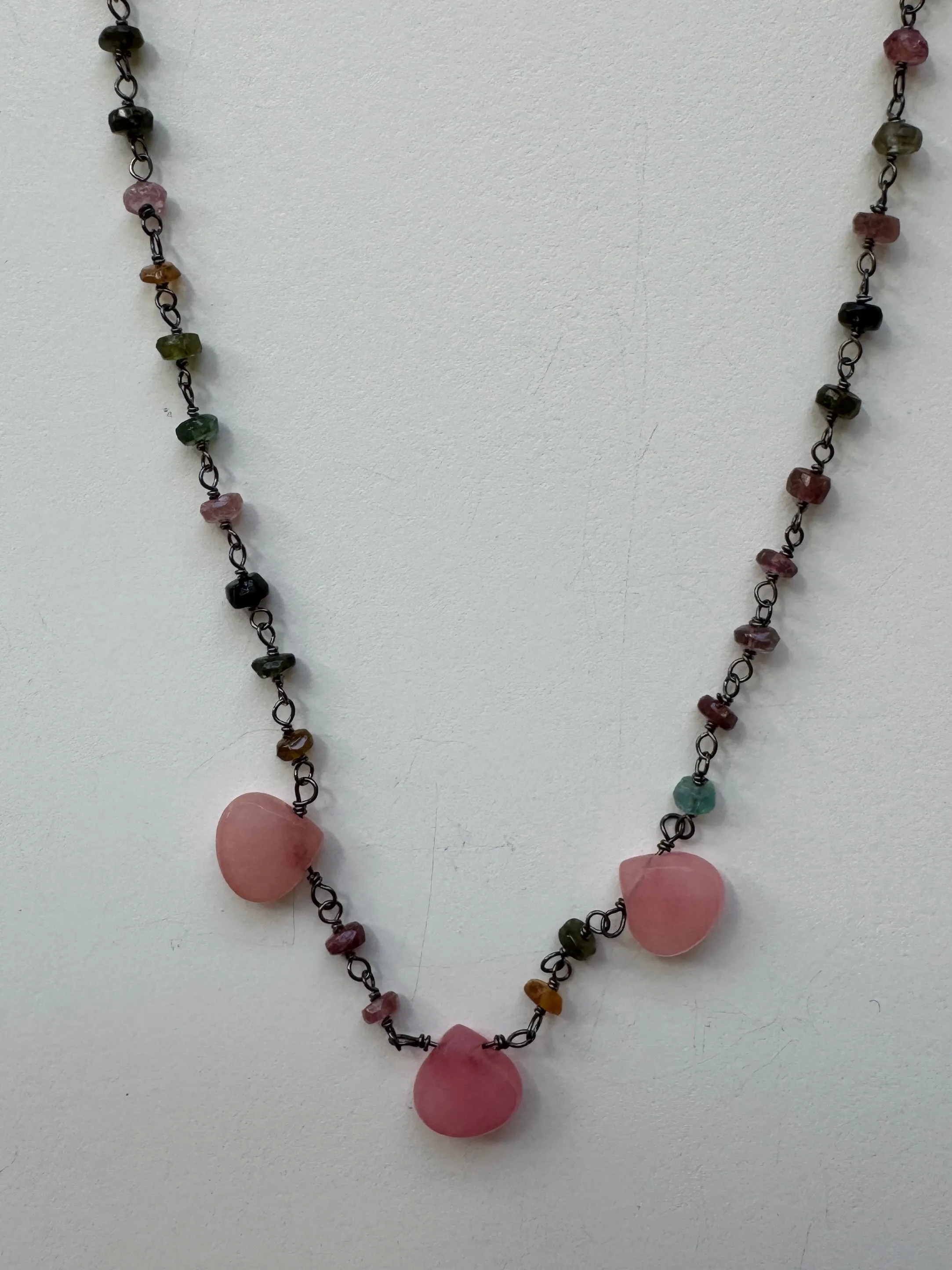Pink Jade Briolettes on Multi-Color Tourmaline Chain Necklace
